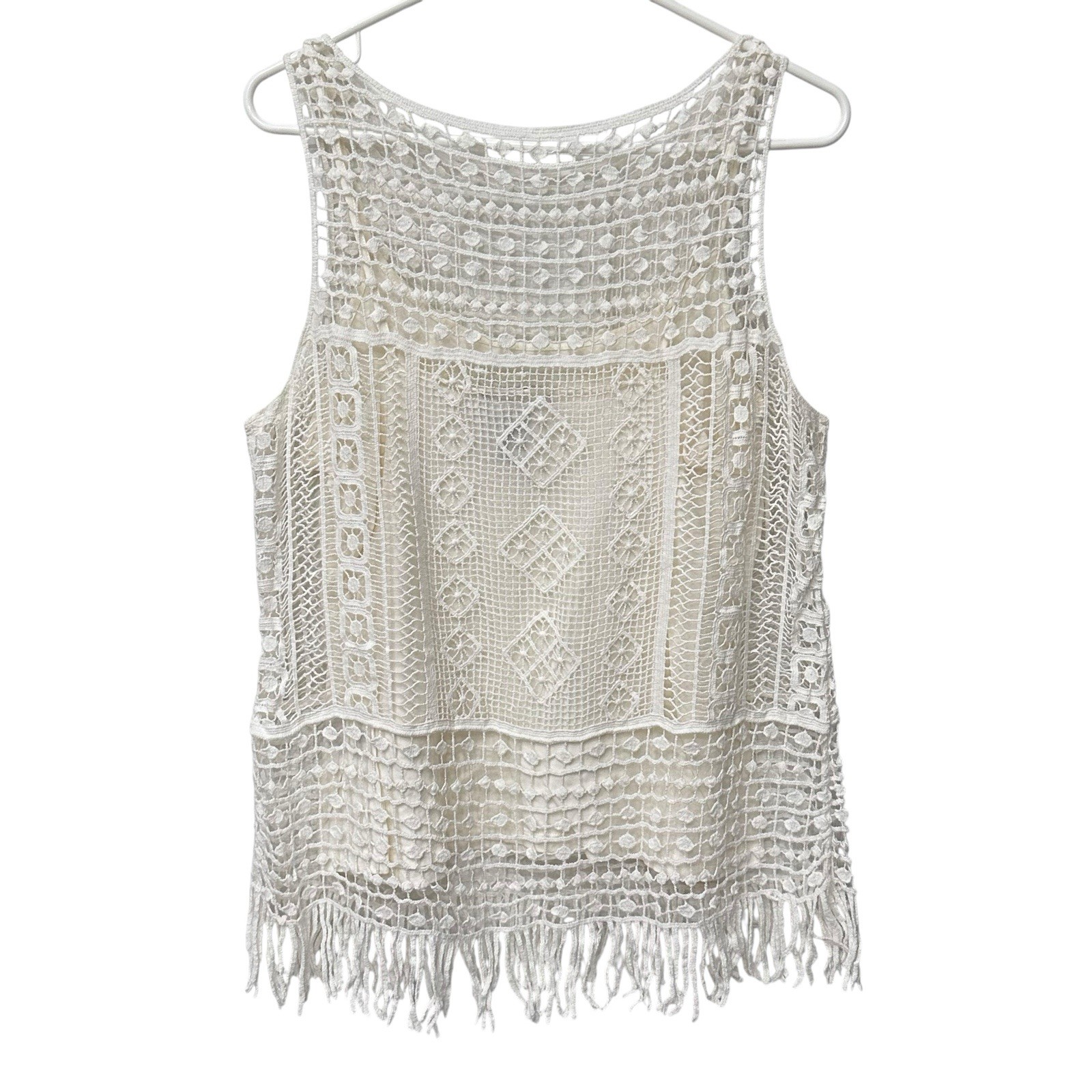 Ralph Lauren LRL Women’s Top Ivory Size Large Lace Top with Fringe Lined Boho