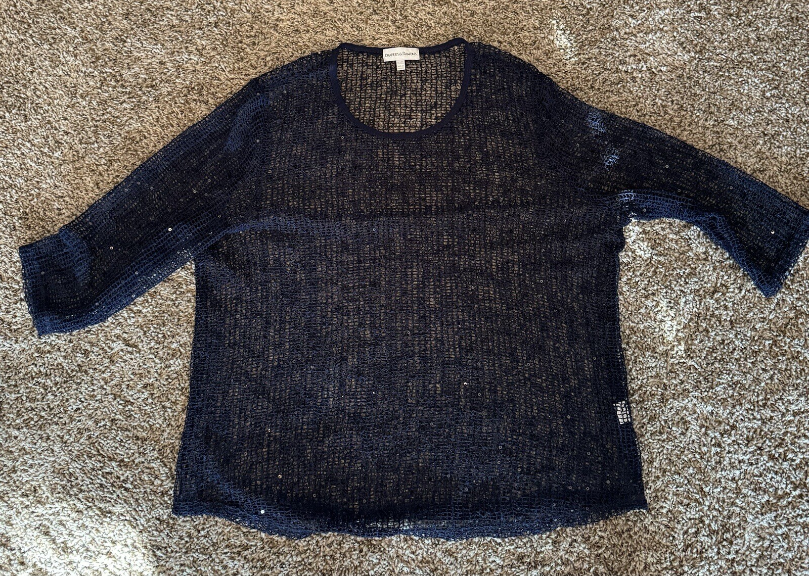 Drapers and Damons XL Navy Blue Sequined Loose Weave Mesh Pullover Top 3/4 SLV