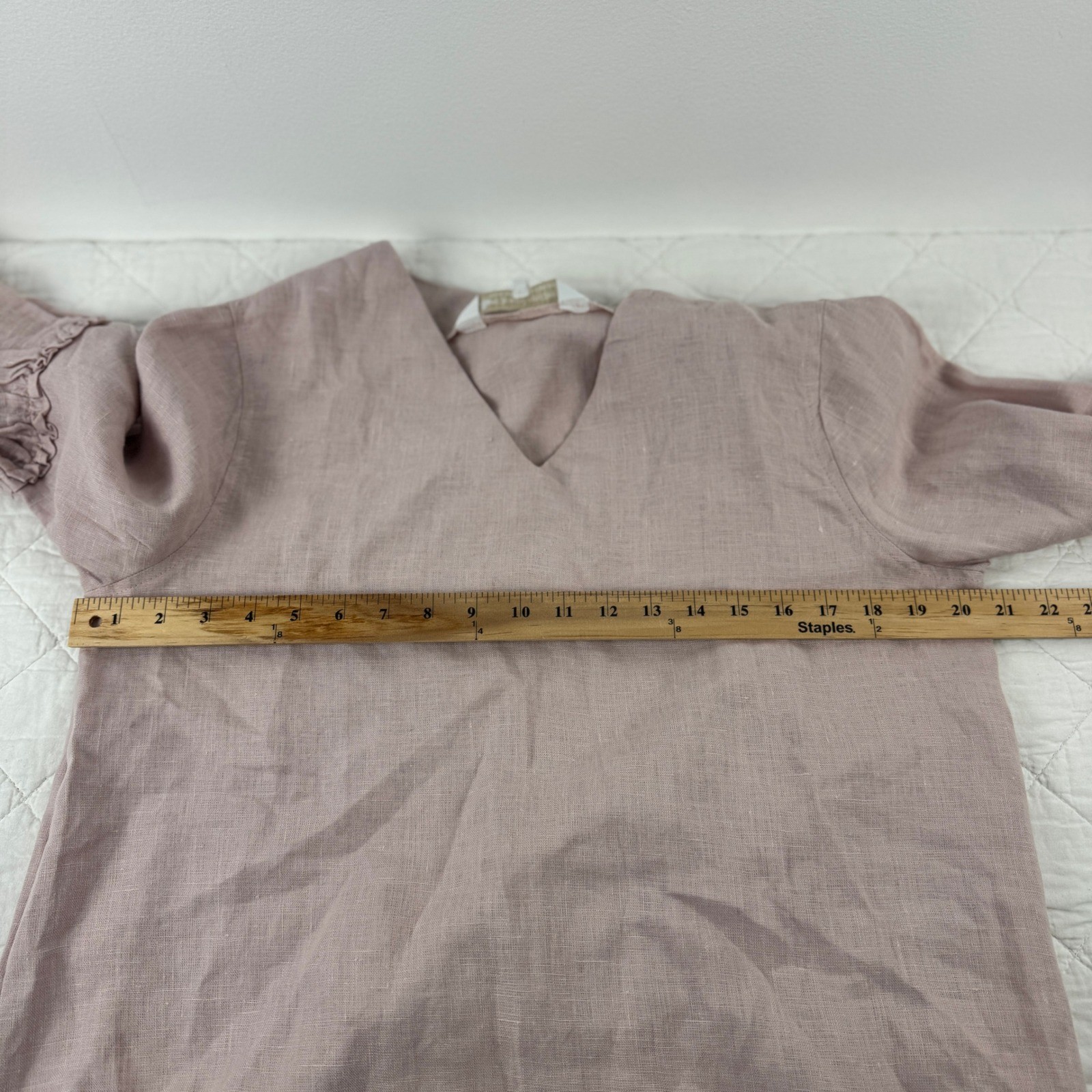 Crown Linen Designs Maya Top Dusty Pink 100% Linen Bell Sleeve V-Neck M
