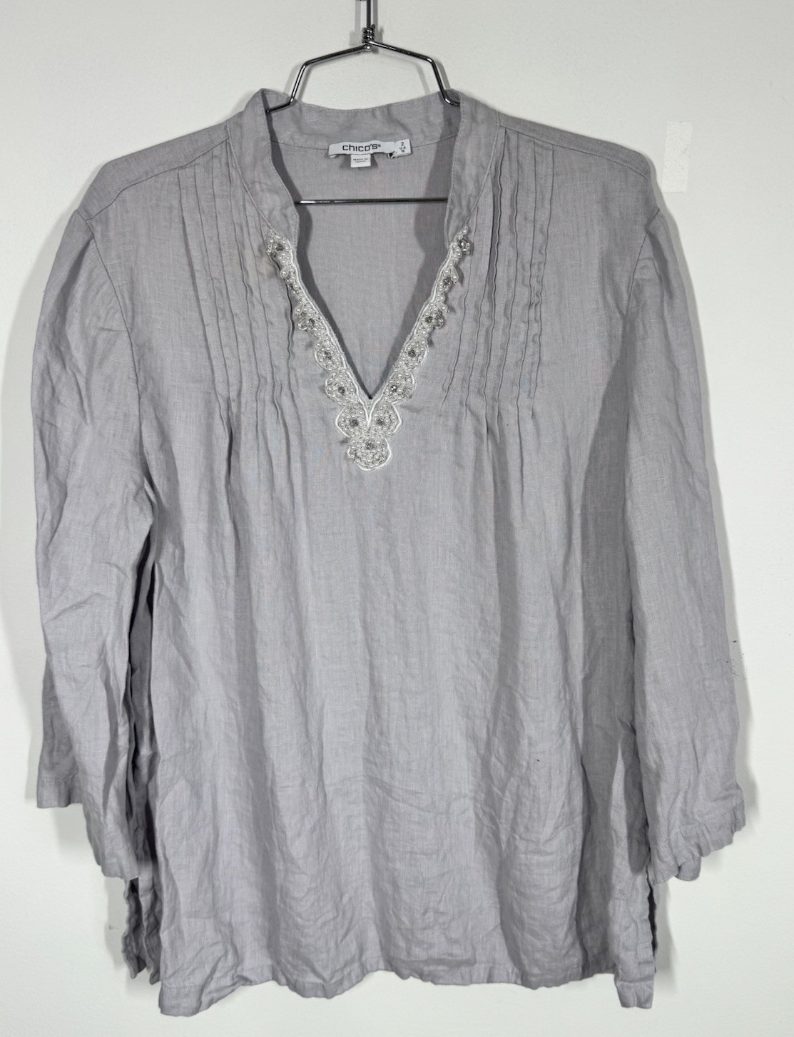 Chicos Silver Gray Embellished Linen Tunic Top Size 2 Beach Resort Cruise Boho