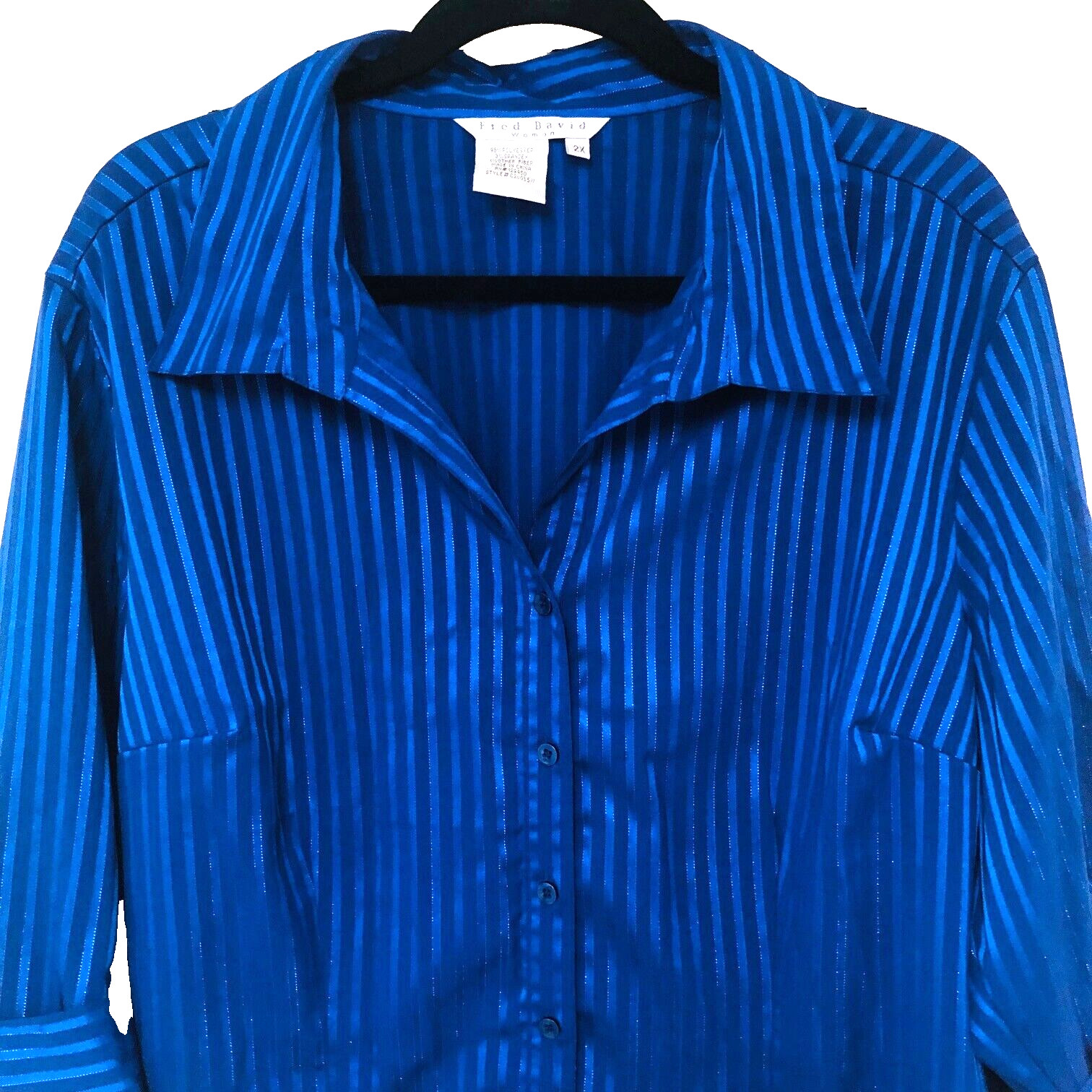 Fred David Womens Blouse Button Front 3/4 Metallic Striped Office 2X Feminine