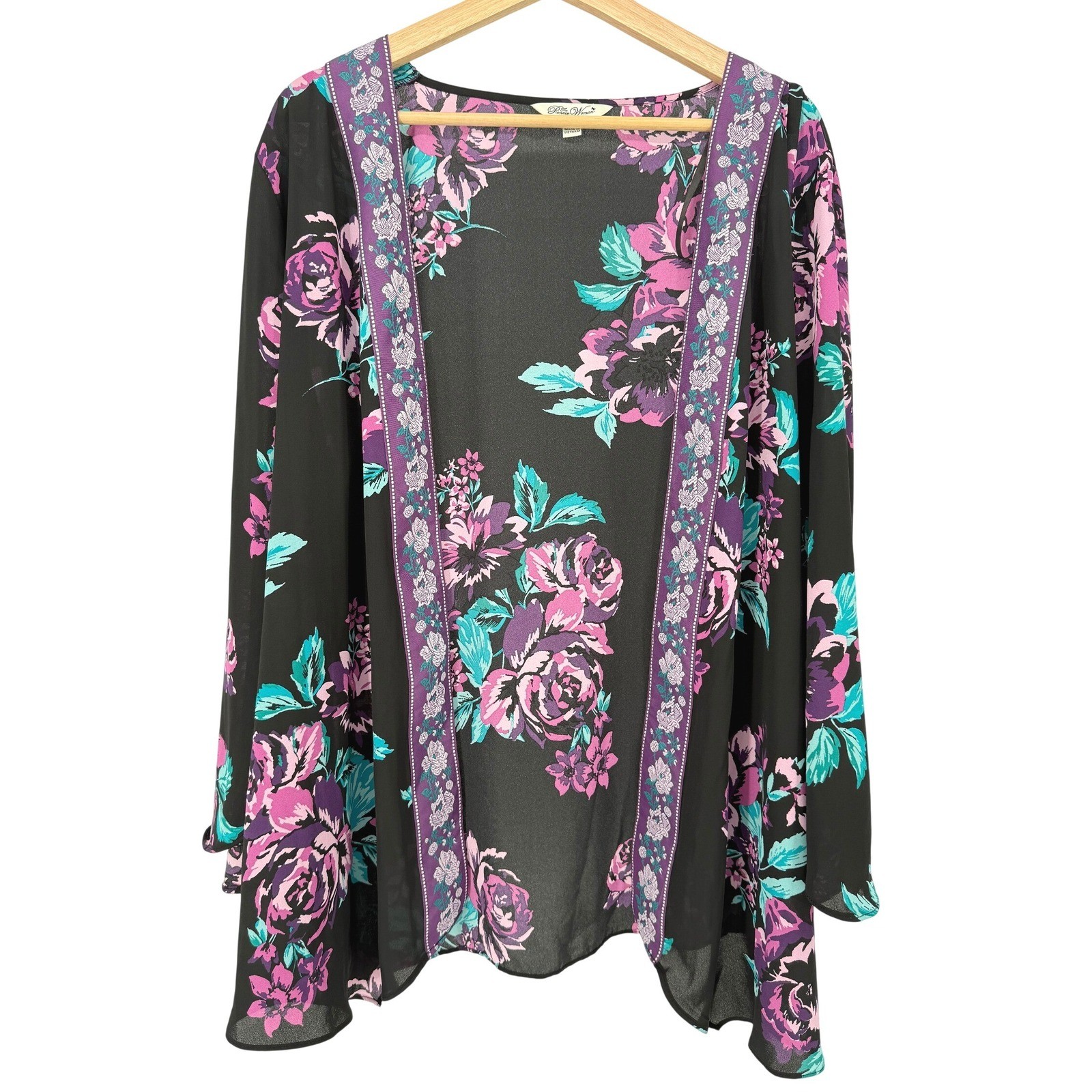 The Pioneer Woman Kimono Cardigan Women L/XL Black Floral Open Front Chiffon