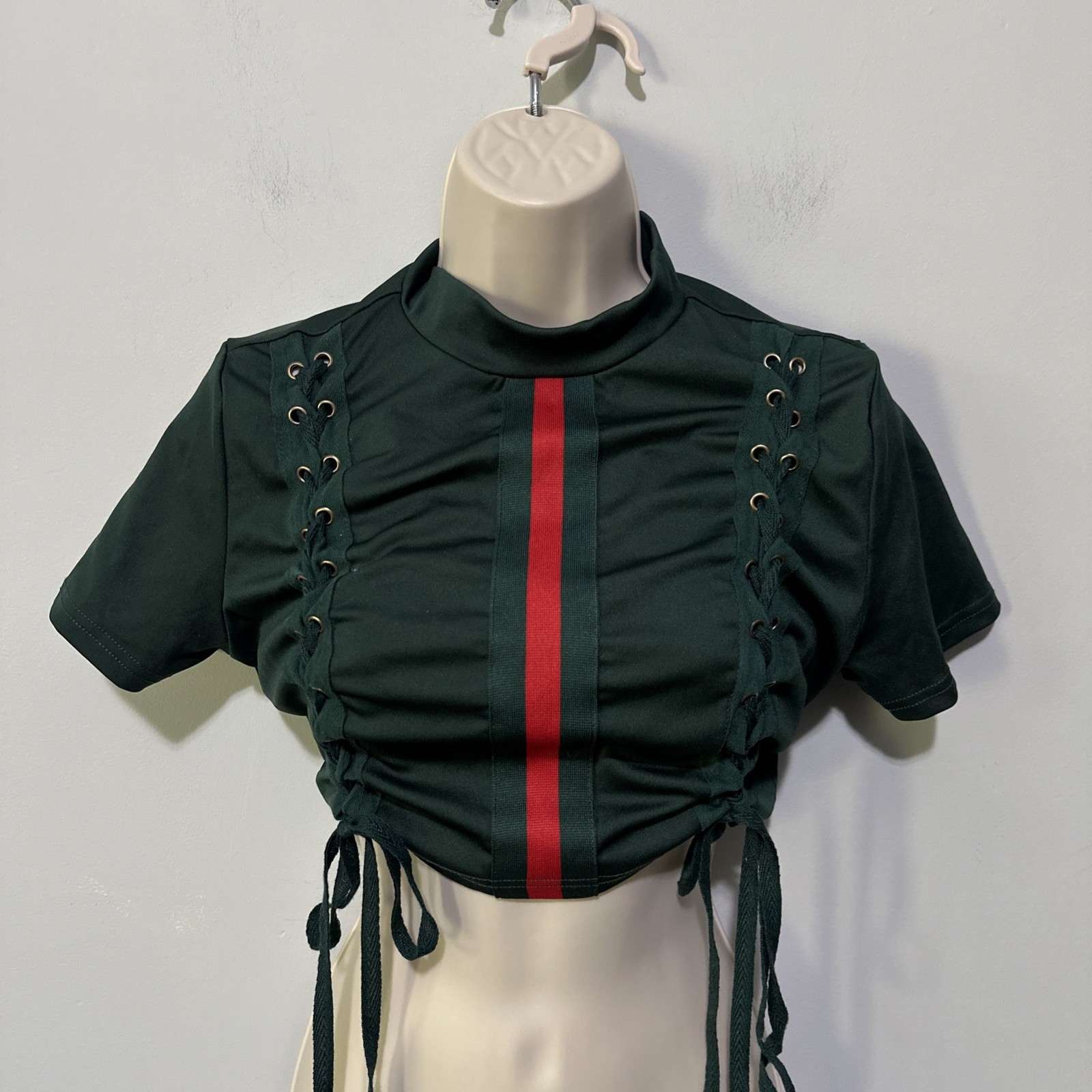 CBR Crop Top Womens Small Green Ruched Lace Up Utility Grunge Indie Sleaze