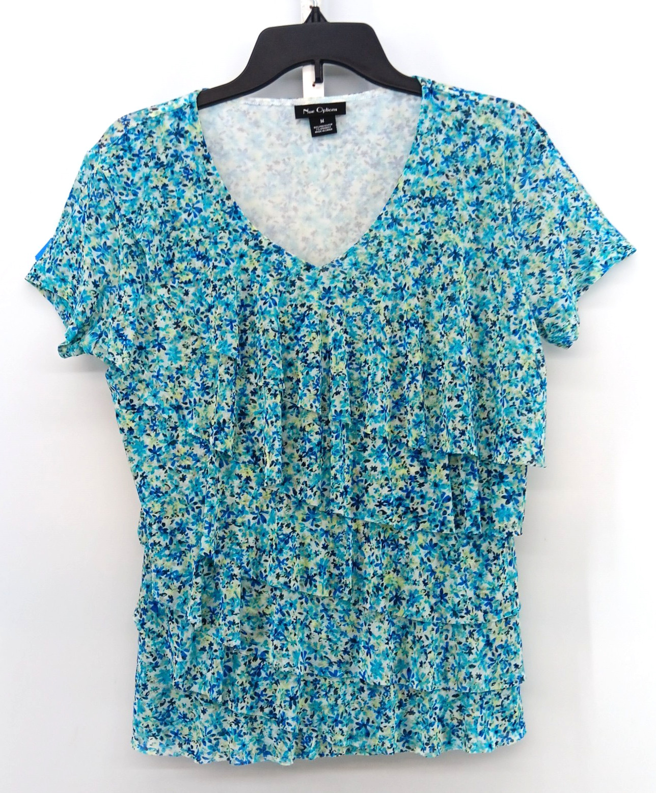 Nue Options Blouse Womens Medium Blue Mini Floral Ruffles Sheer Back Lined Top
