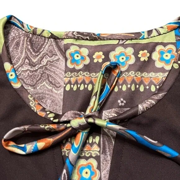 Vintage Blouse Patchwork Print Tunic Top Brown Blue Green Bohemian Boho Retro