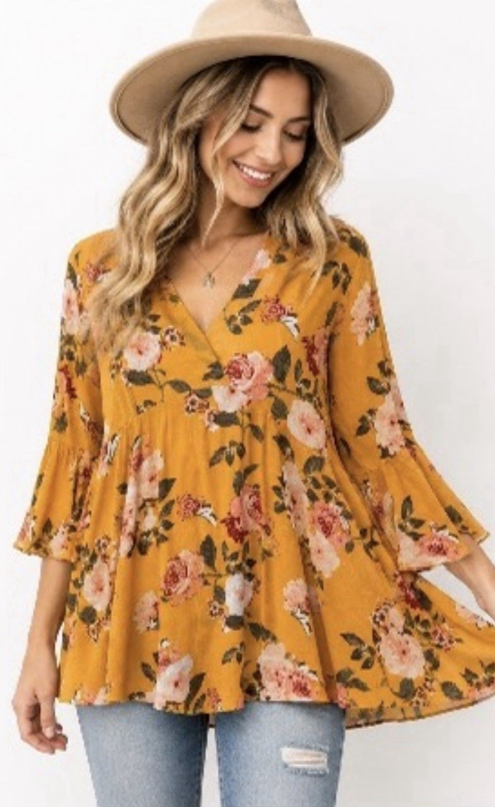 NWOT UMGEE Mustard Floral V Neck Babydoll Top