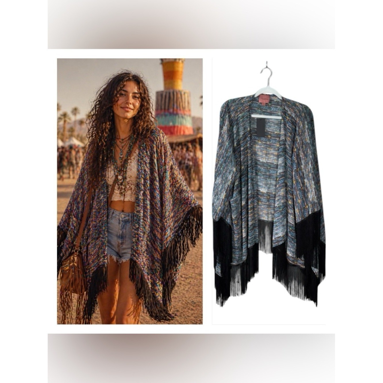 Bohemian Fringe Poncho Festival Kimono Size Large coachella Western Hippie