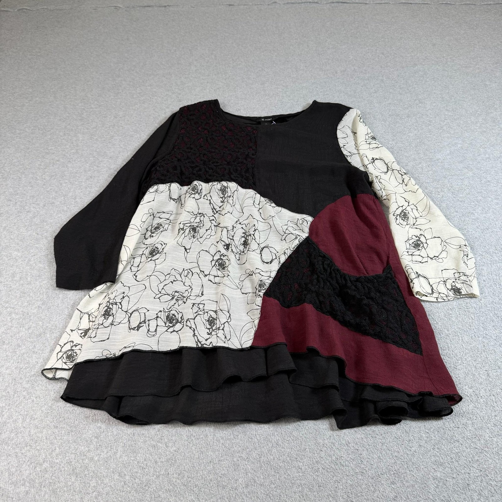 Ali Miles Shirt Women XL Black Floral Patchwork Tunic Ruffle Hem Artsy Boho