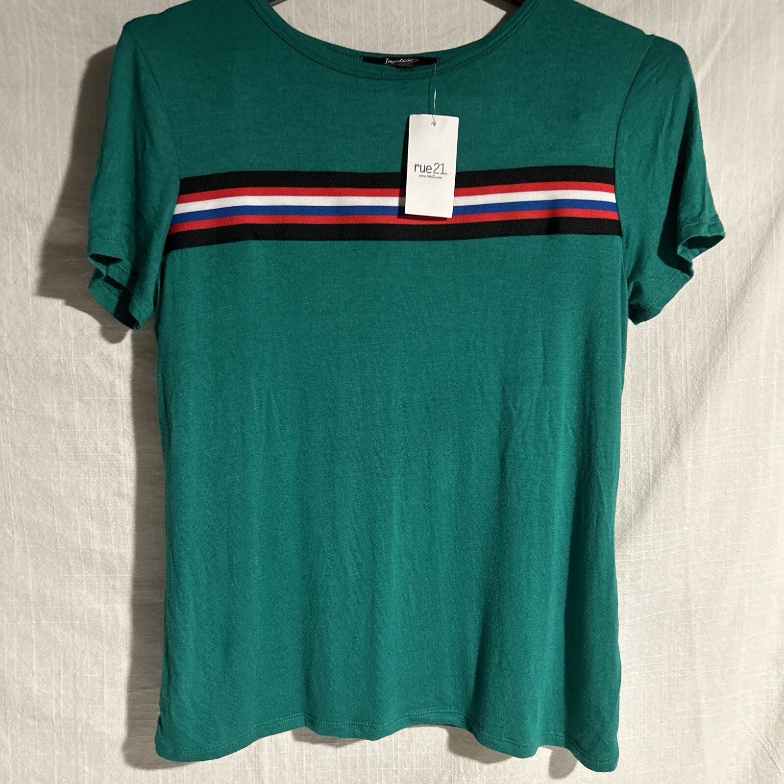 Green T Shirt with Red White Blue Stripe ribbon women’s medium from Rue 21