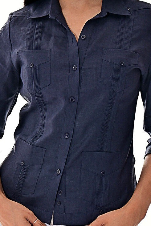 Ladies NAVY 100% Linen Guayabera Traditional (4) Pocket 3/4 Sleeve Top -LLGB3009