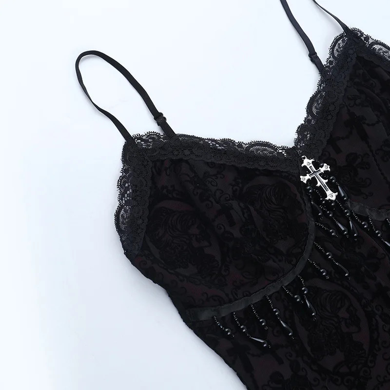 Gothic Vintage Flocking Camisole Women Fairycore Grunge Y2K Lace Crop Tops