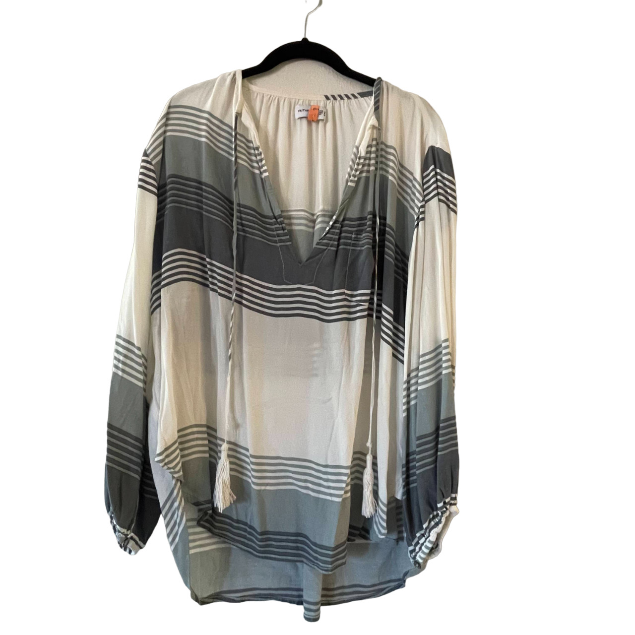 Faithfull The Brand Alice Shirt Size 8 White Gray Stripe Tassel V-Neck Relaxed