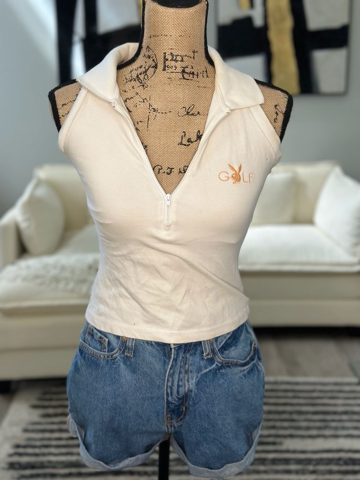 Playboy Golf Women’s Cream Sleeveless 1/4 Zip Collared Tank Top