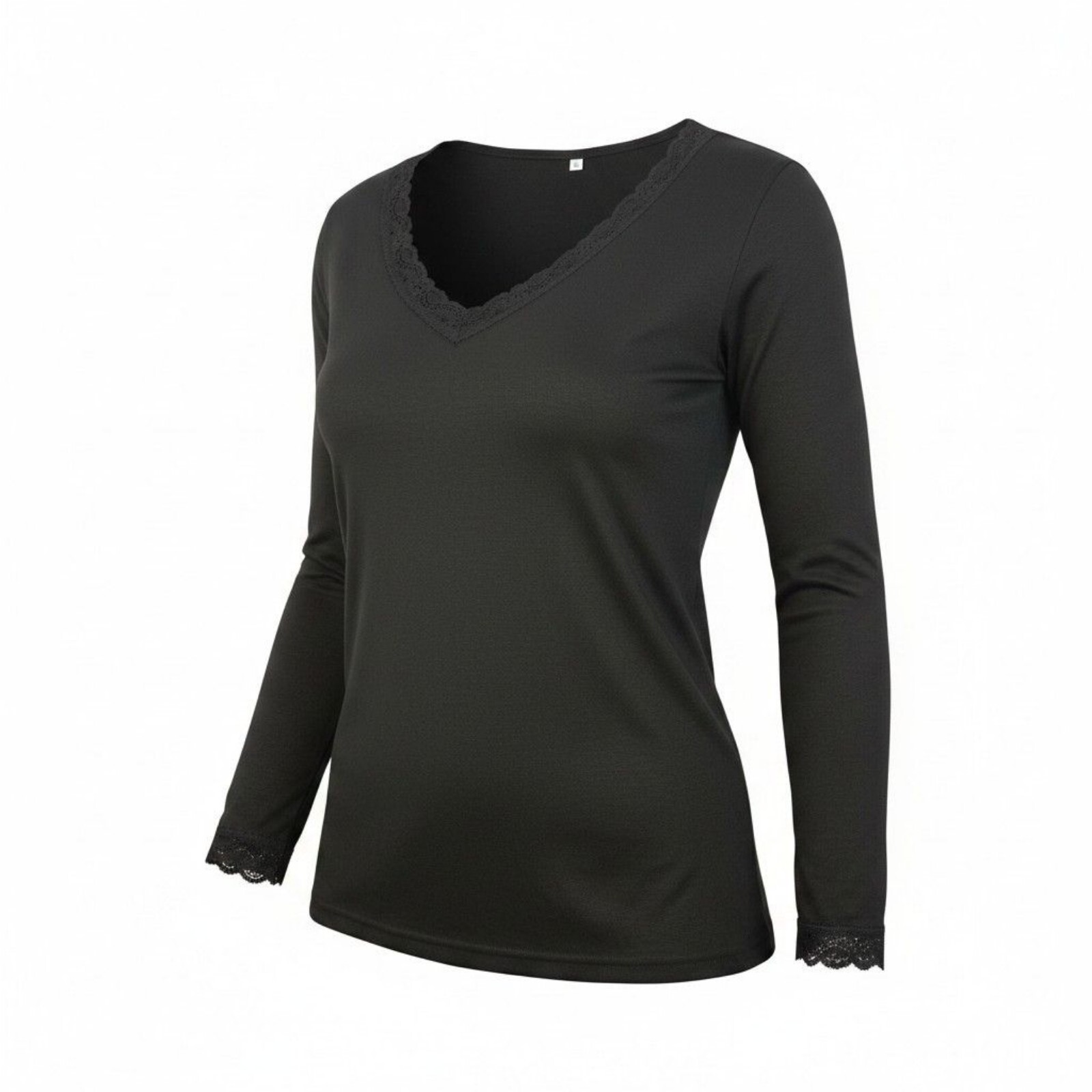 Evervibe Black Long Sleeve V-Neck Lace Trim Shirt XL