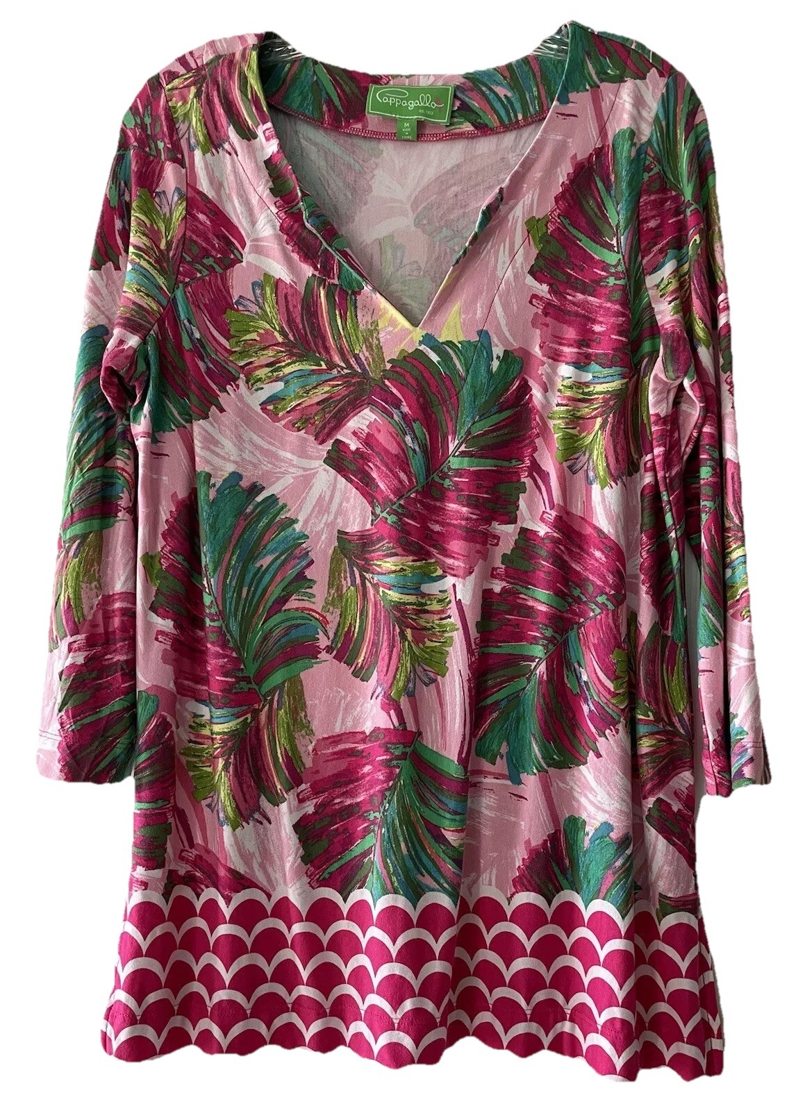 Pappagallo Size Medium Pink Tropical Palm Leaf Print Chic Shirt Top Soft Viscose