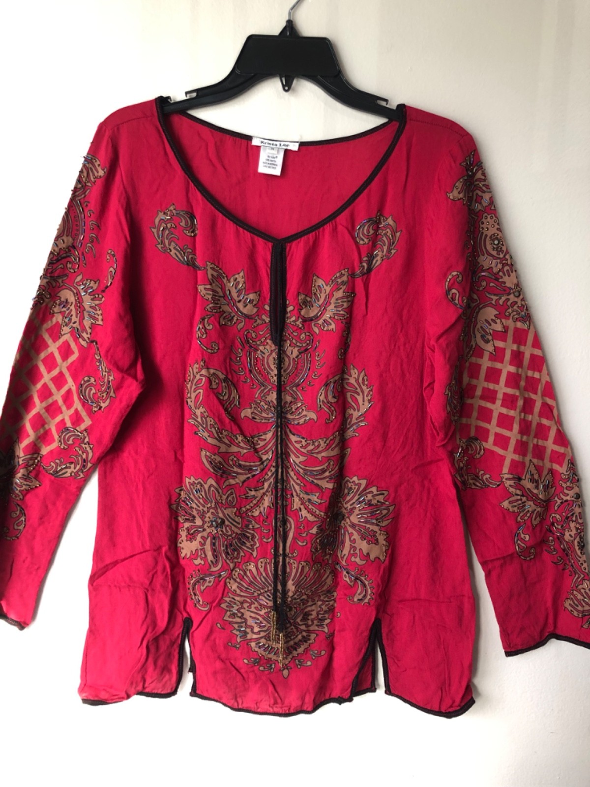 Krista Lee Womens Top Size M Red Blouse Embroidered Long Sleeve