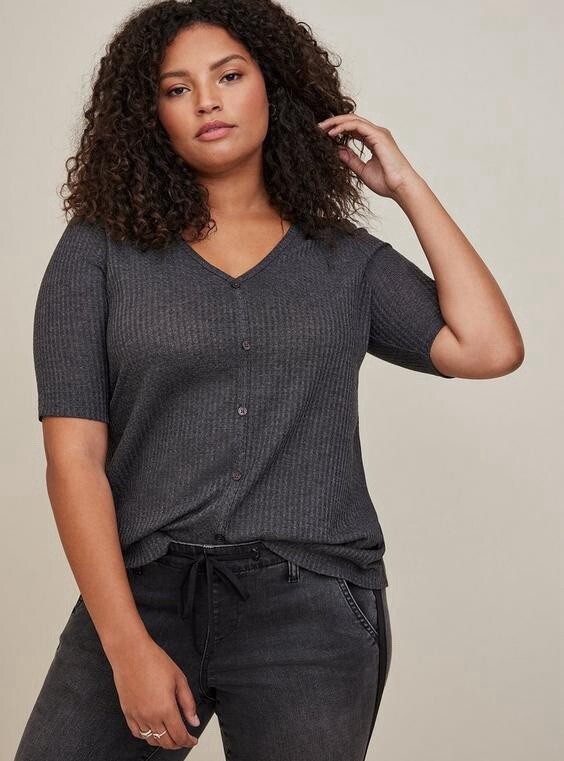 Torrid Favorite Tunic Dark Gray Waffle Weave V-Neck Faux Button Front Hilo Tee