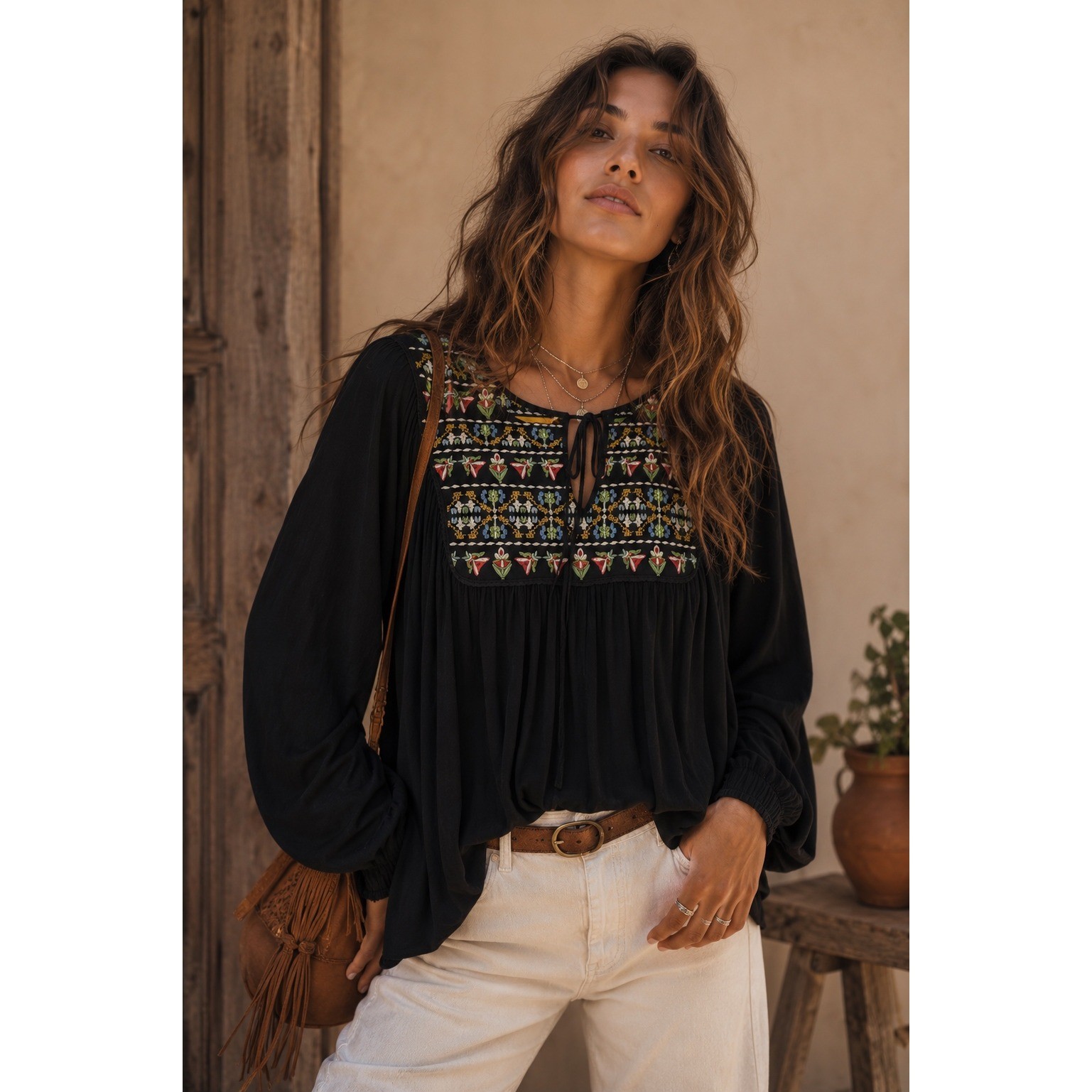 In Loom Black Embroidered Boho Peasant Blouse Long Balloon Sleeve Top Small