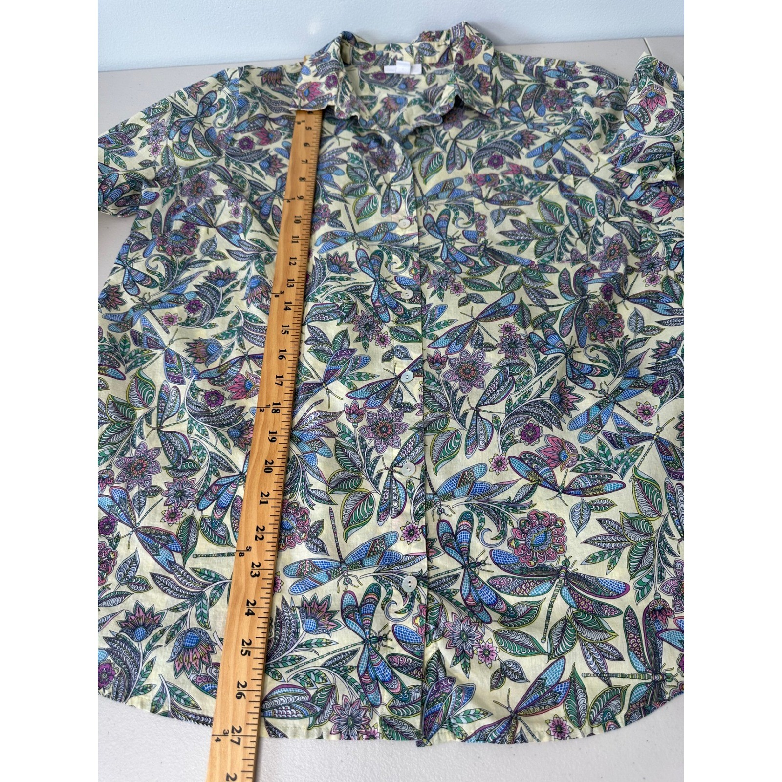 J. Jill Cotton Button Down Shirt Size M Yellow Dragonfly Paisley Floral Artsy