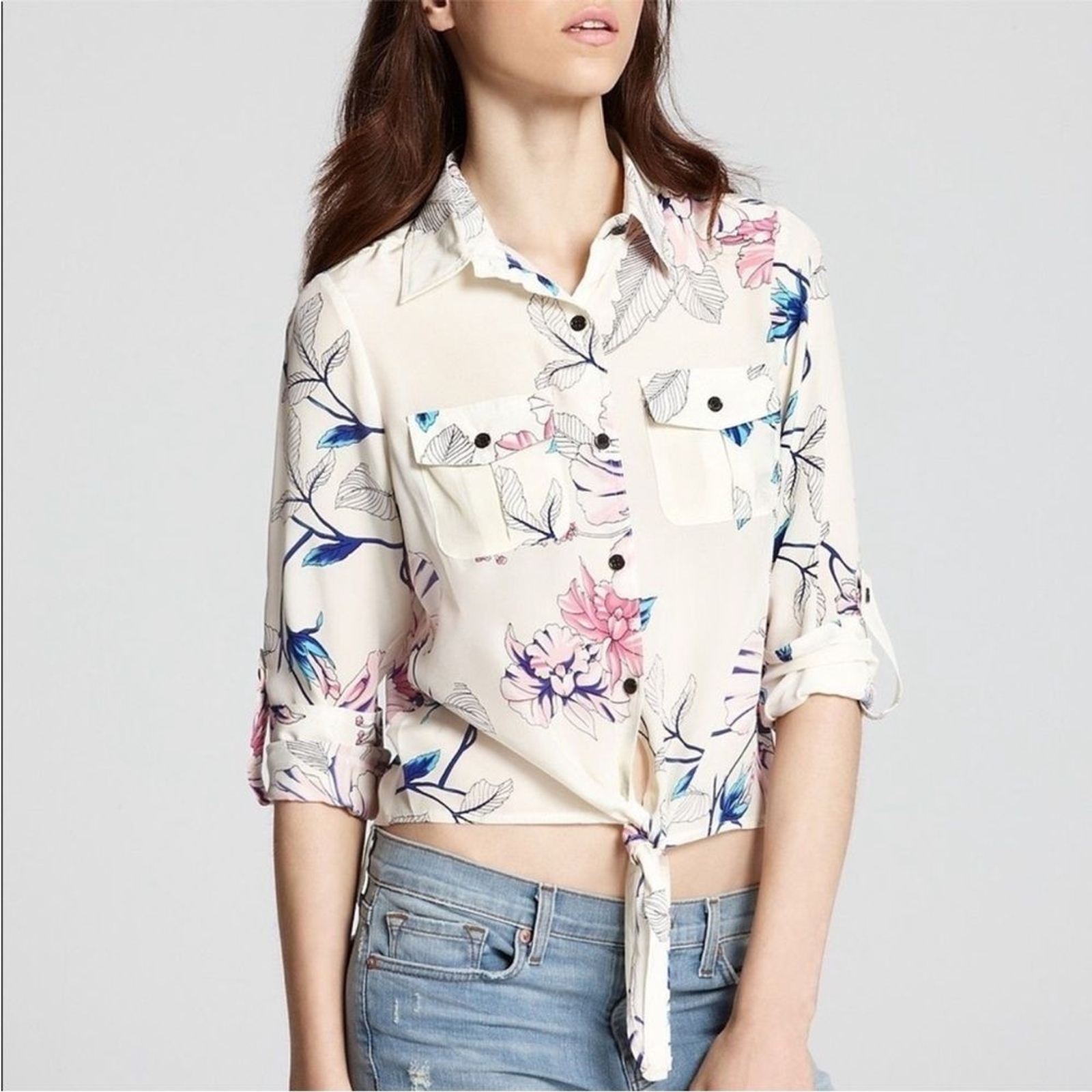 Yumi Kim Floral Flowers Sheer Button Down Shirt Blouse Front Pockets Tie Front