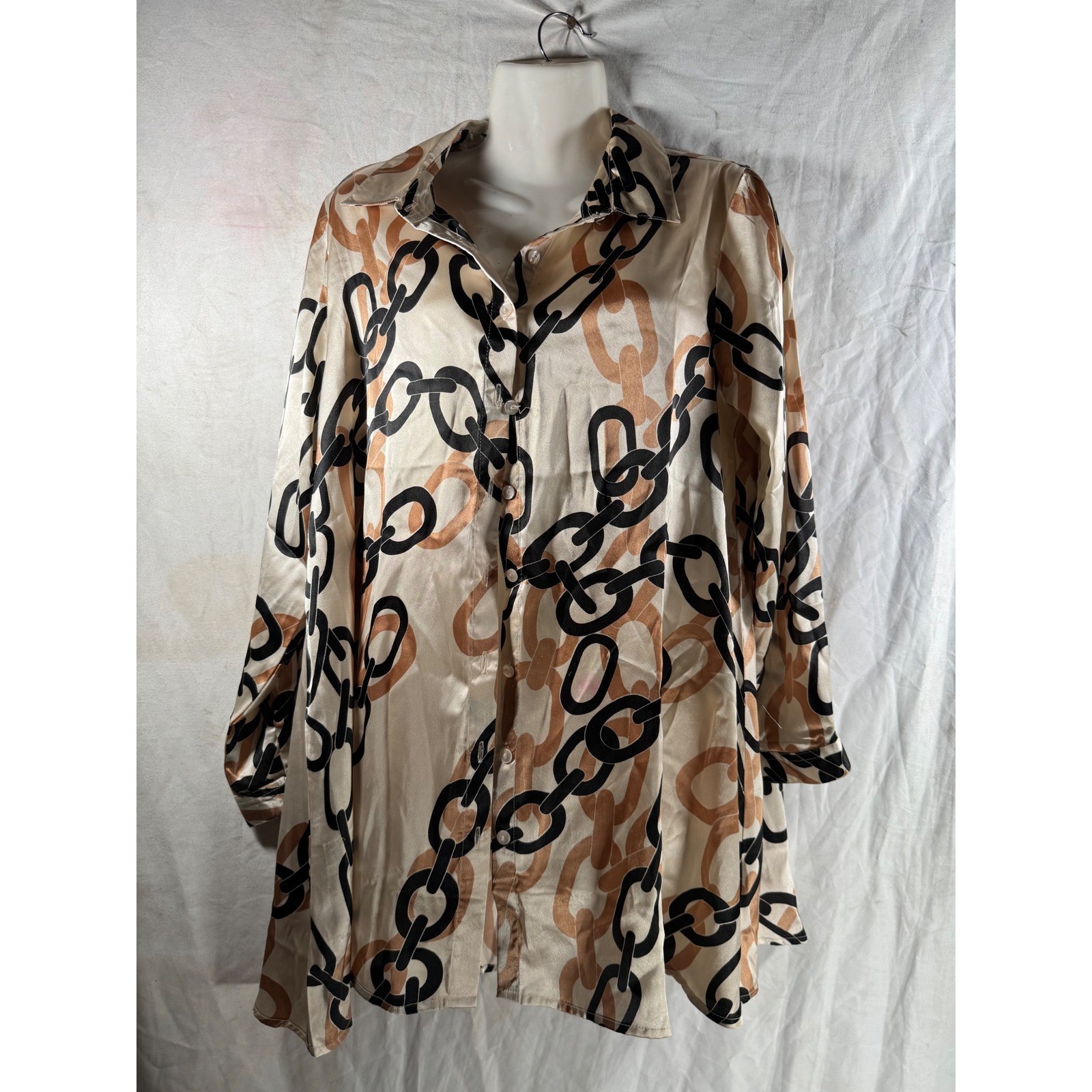 Kaktus Studio Womens Satin Chain Link Print Button Up Tunic Blouse Tan Black M
