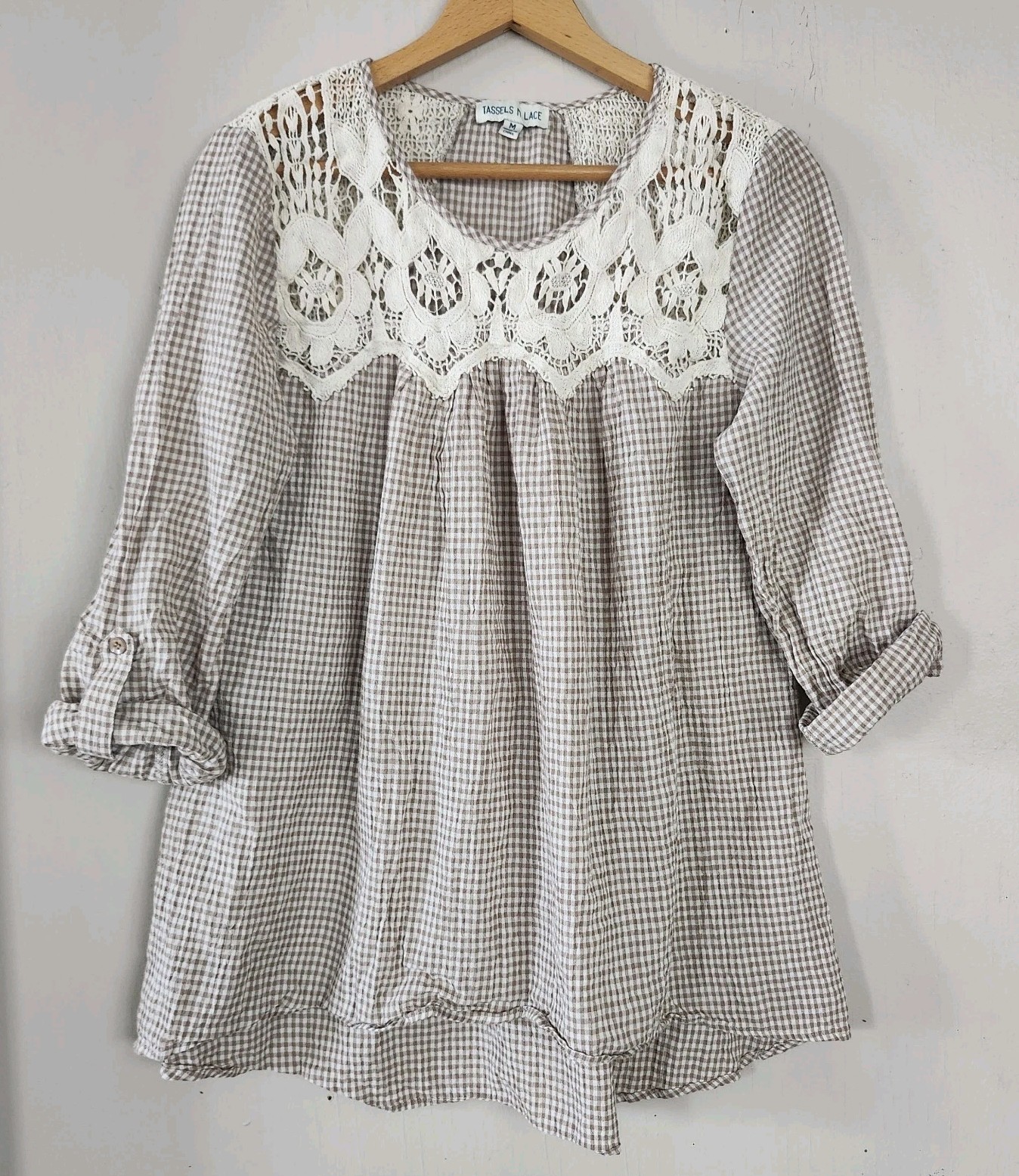 Tassels N Lace Womens M Gingham Crochet Roll Tab Sleeve Hi Lo Top Shirt Country