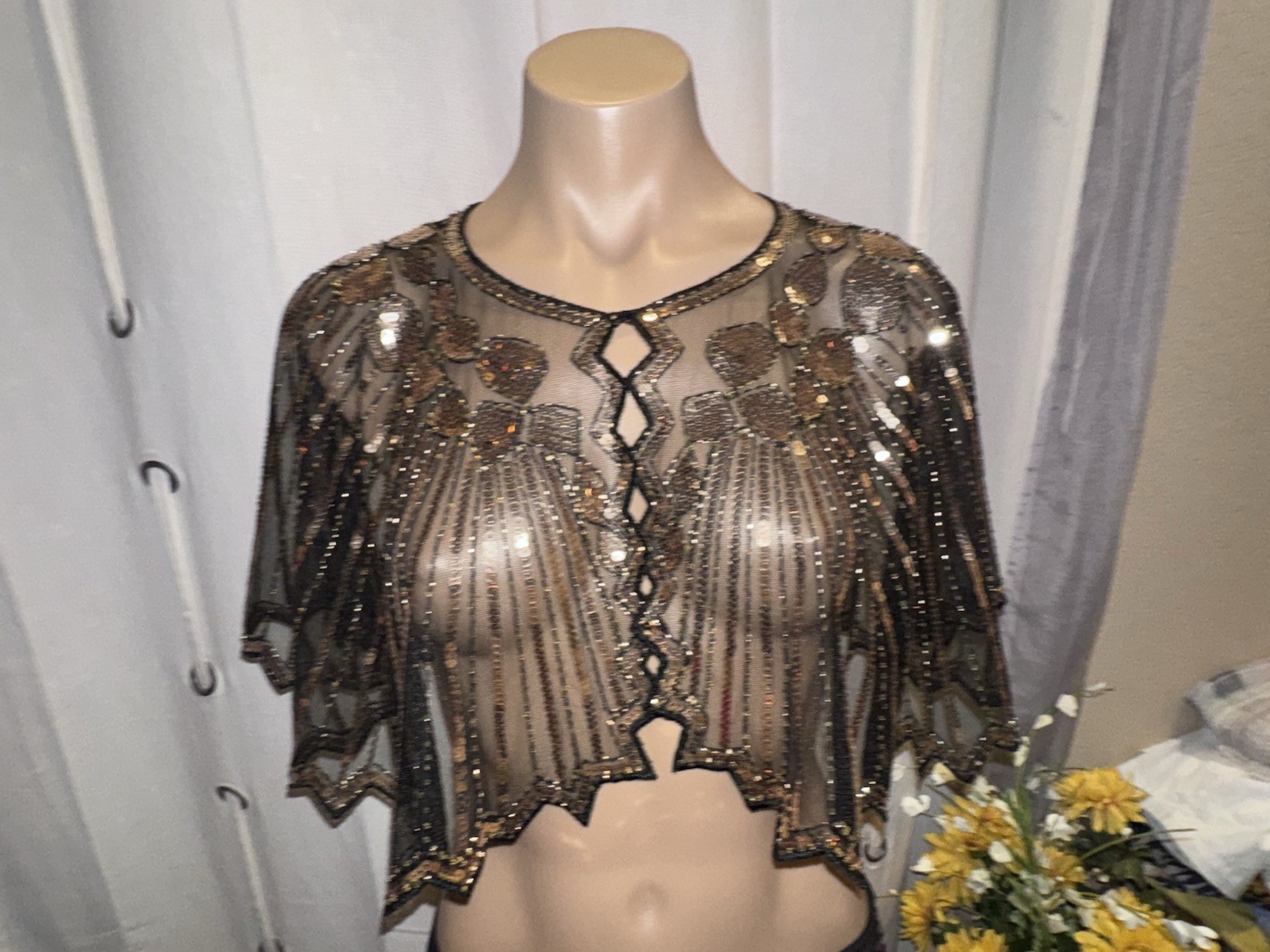 Black w/Gold Sequin Sheer Poncho Top Topper Size O/S GORGEOUS!!