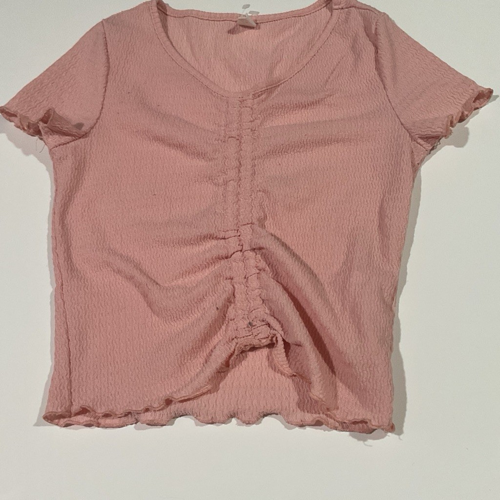 SHEIN Teen Pink V-Neck Cap Sleeve Ruched Ruffle Hem Knit Stretch Tee 14Y