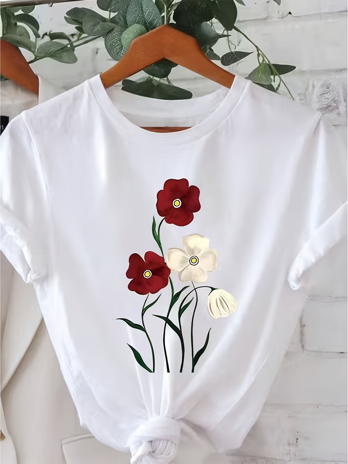 Casual Women Cotton Floral T-Shirt Short Sleeve Top Summer Flower Boho Fashion♮