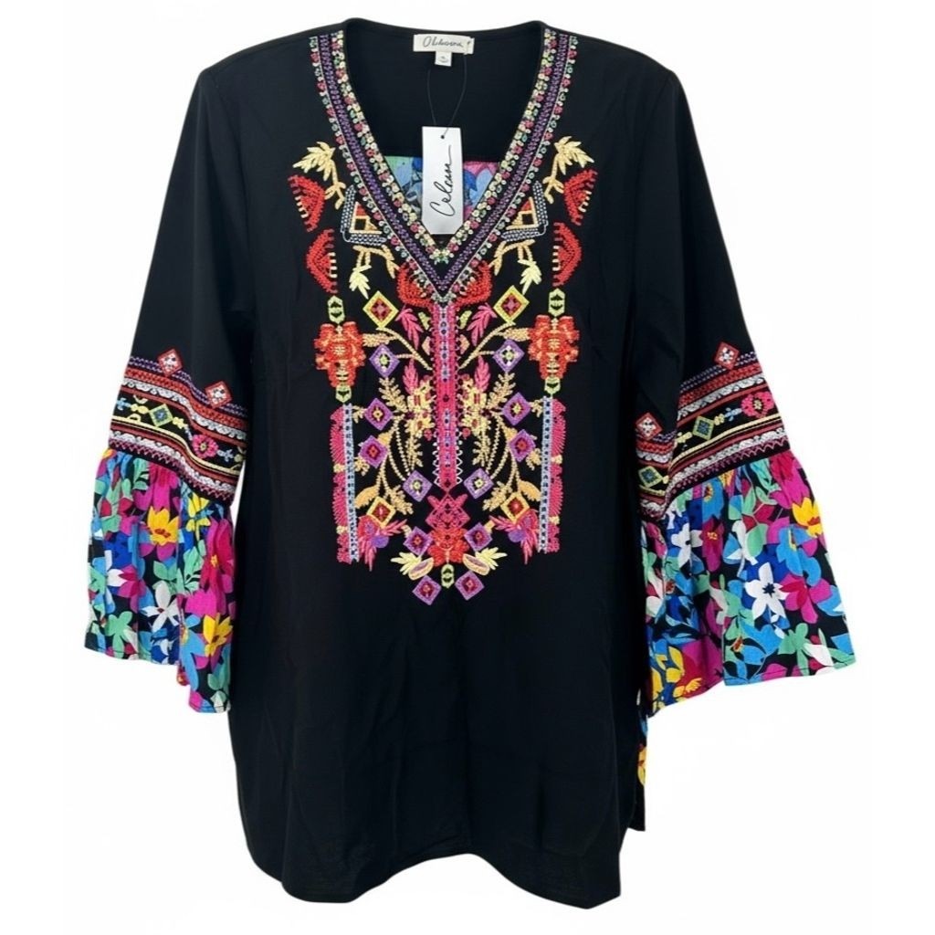 NEW Calessa Women’s LARGE Embroidered V-Neck Bell Sleeve Top Black