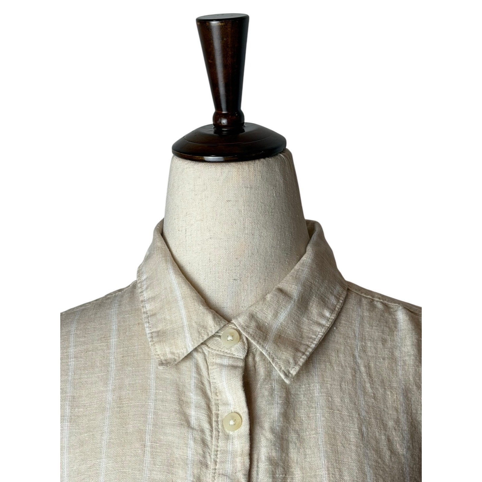 Lands’ End Linen Button Up Shirt Women XS Beige Striped Long Sleeve Preppy