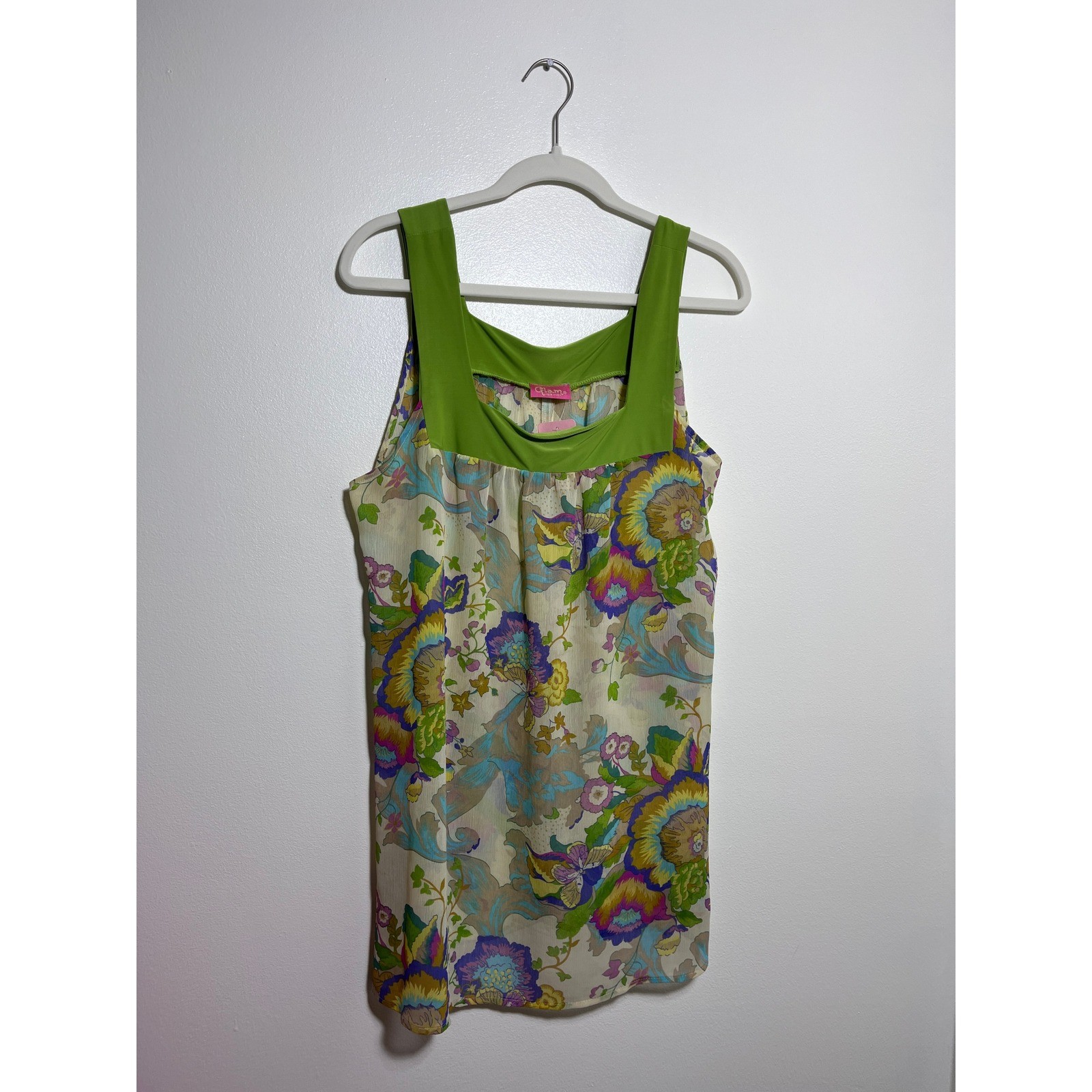 Glam Womens Sleeveless Floral Paisley Tank Top Green Square Neck Blouse