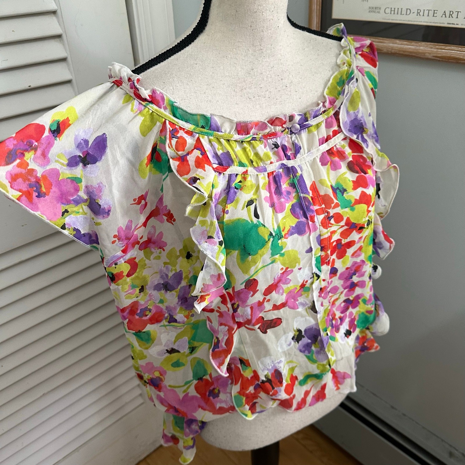 Express Blouse Womens Large Colorful Sheer Chiffon Flutter Y2K Fairy Coquette