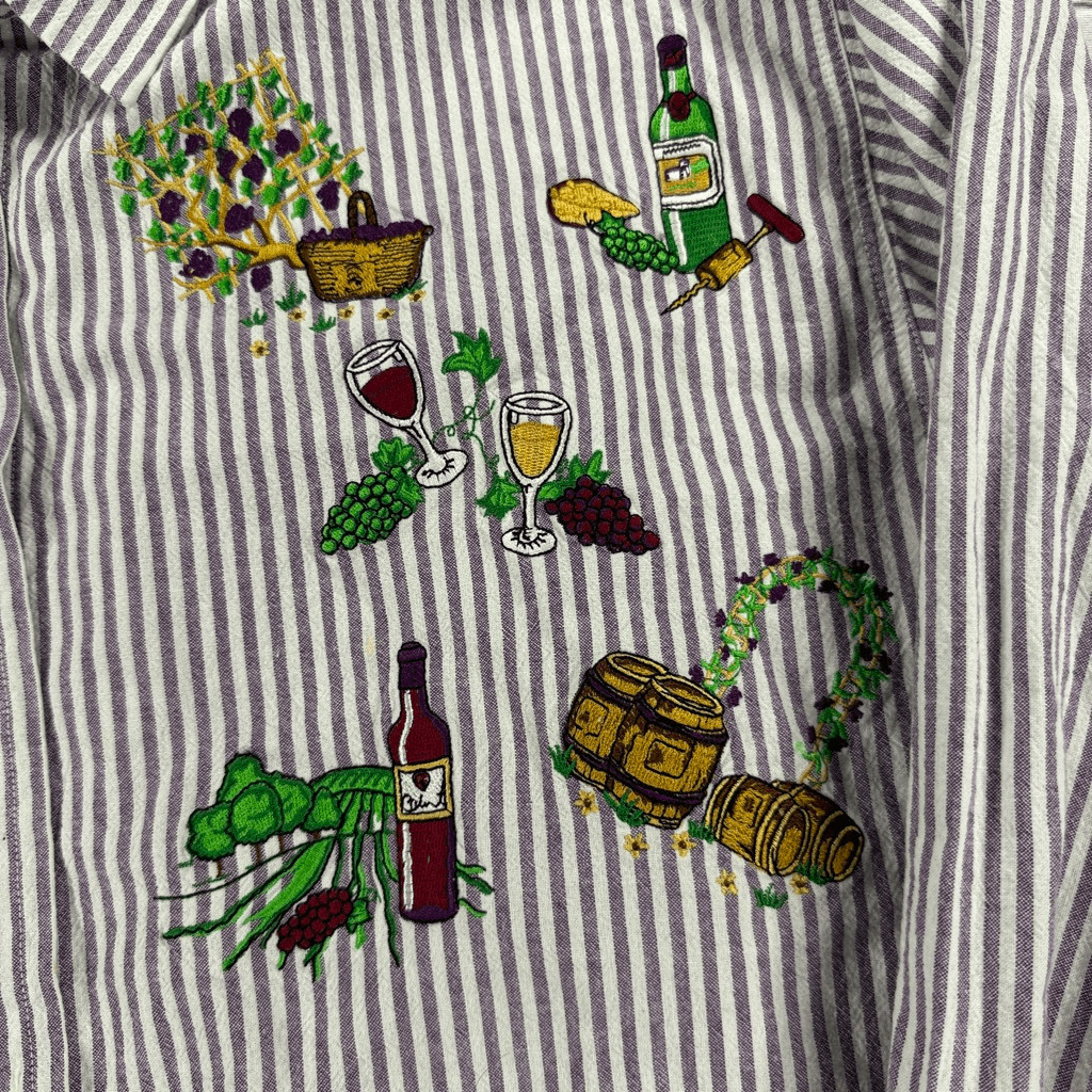 VTG Casey Coleman Vineyard Wine Embroidered Pinstripe Blouse Size L A