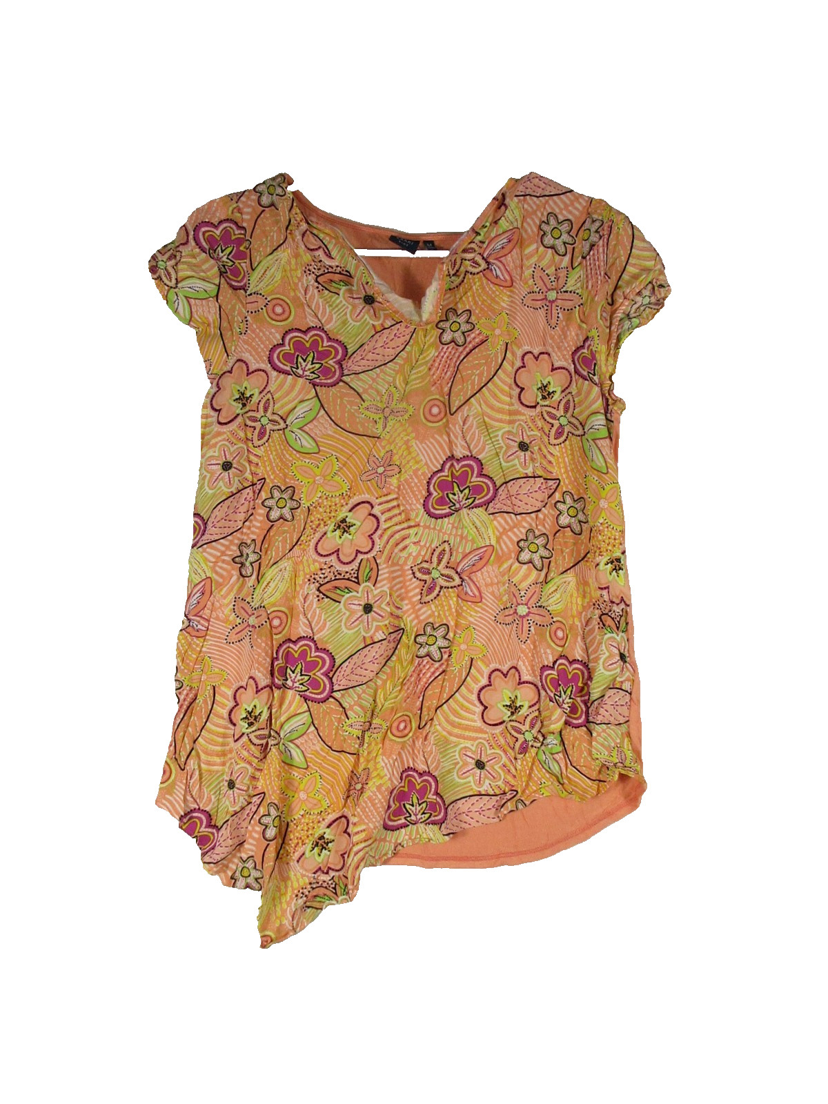 Kaari Blue Womens V-Neck Floral Shirt Top Regular Fit Cap Sleeve Size M Orange