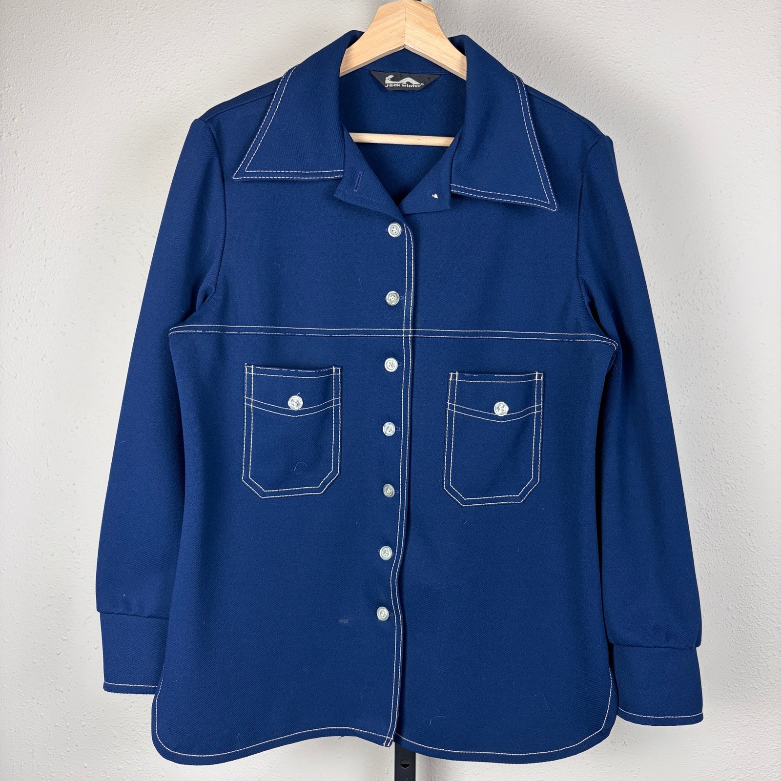 Vintage Disco 1970s Jack Winter Contrast Stitching Sz 18 Double Knit Button Up