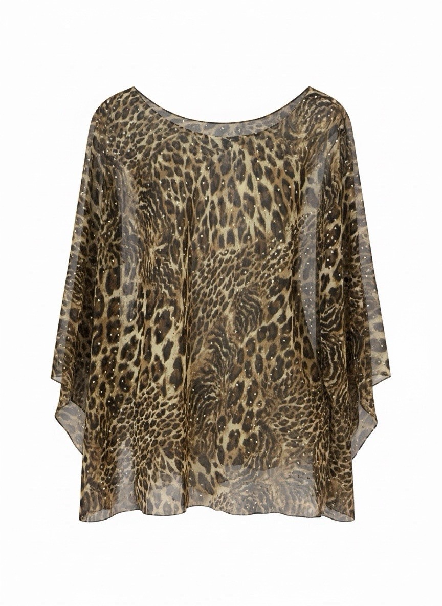 Onyx Nite Blouse Women Brown Leopard Print Sheer Chiffon embellished Size 20W