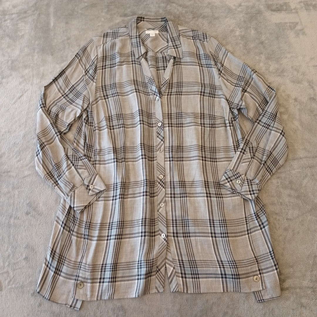 J.Jill Shirt Womens Medium Gray Plaid Thigh Length Long Sleeve Button Up Rayon