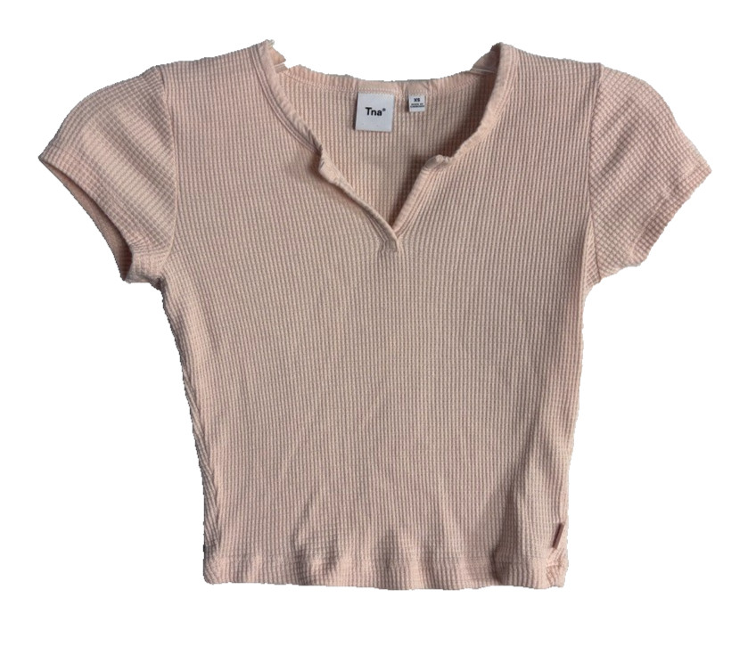 Aritzia TNA XS Waffle Knit Notch T-Shirt Pale Pink Crop Top Juniors Boho