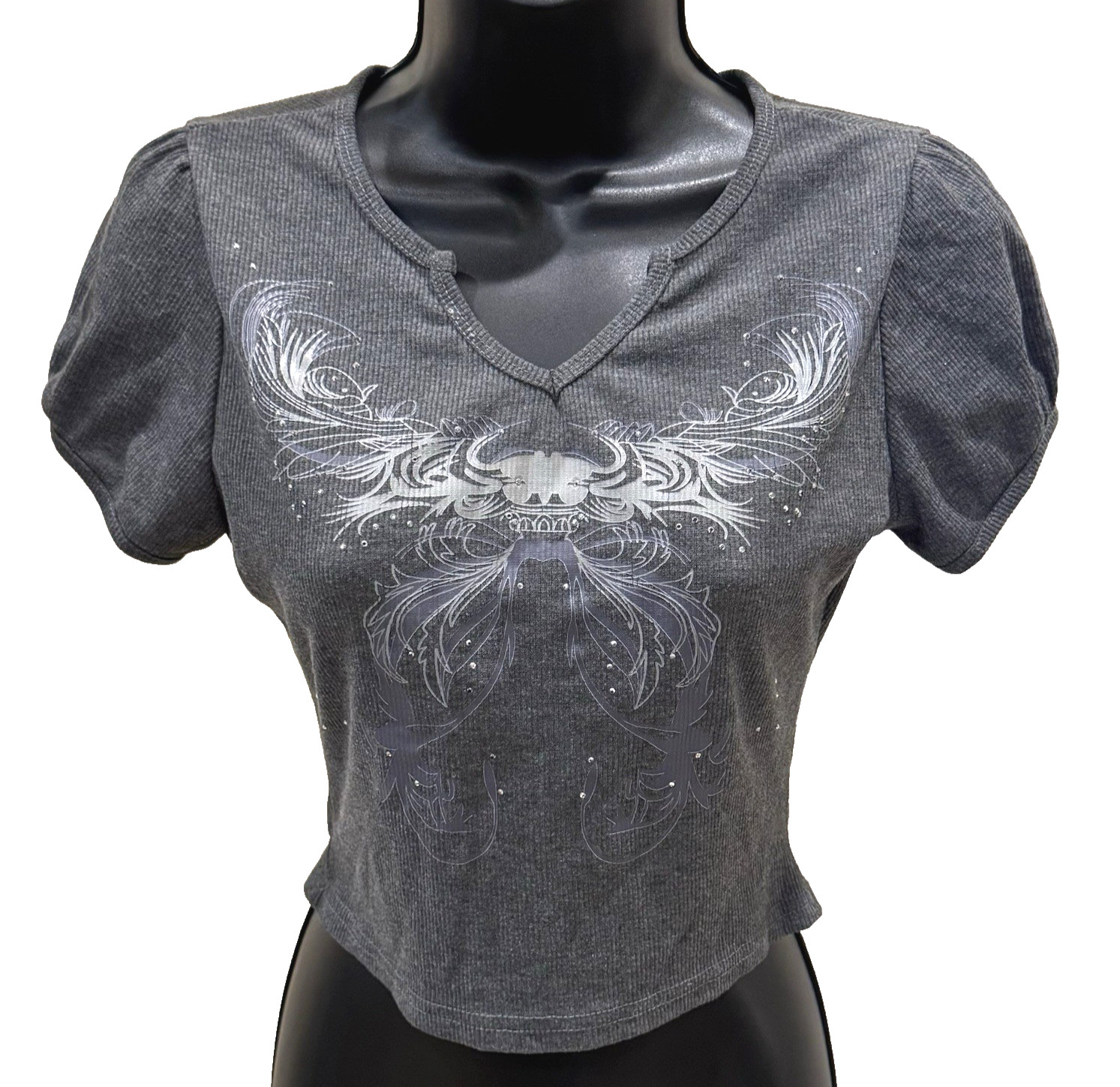 Womens Y2k Short Sleeve Crop Top Blouse Size Small S Puff Sleeve V-Neck Tee Gray