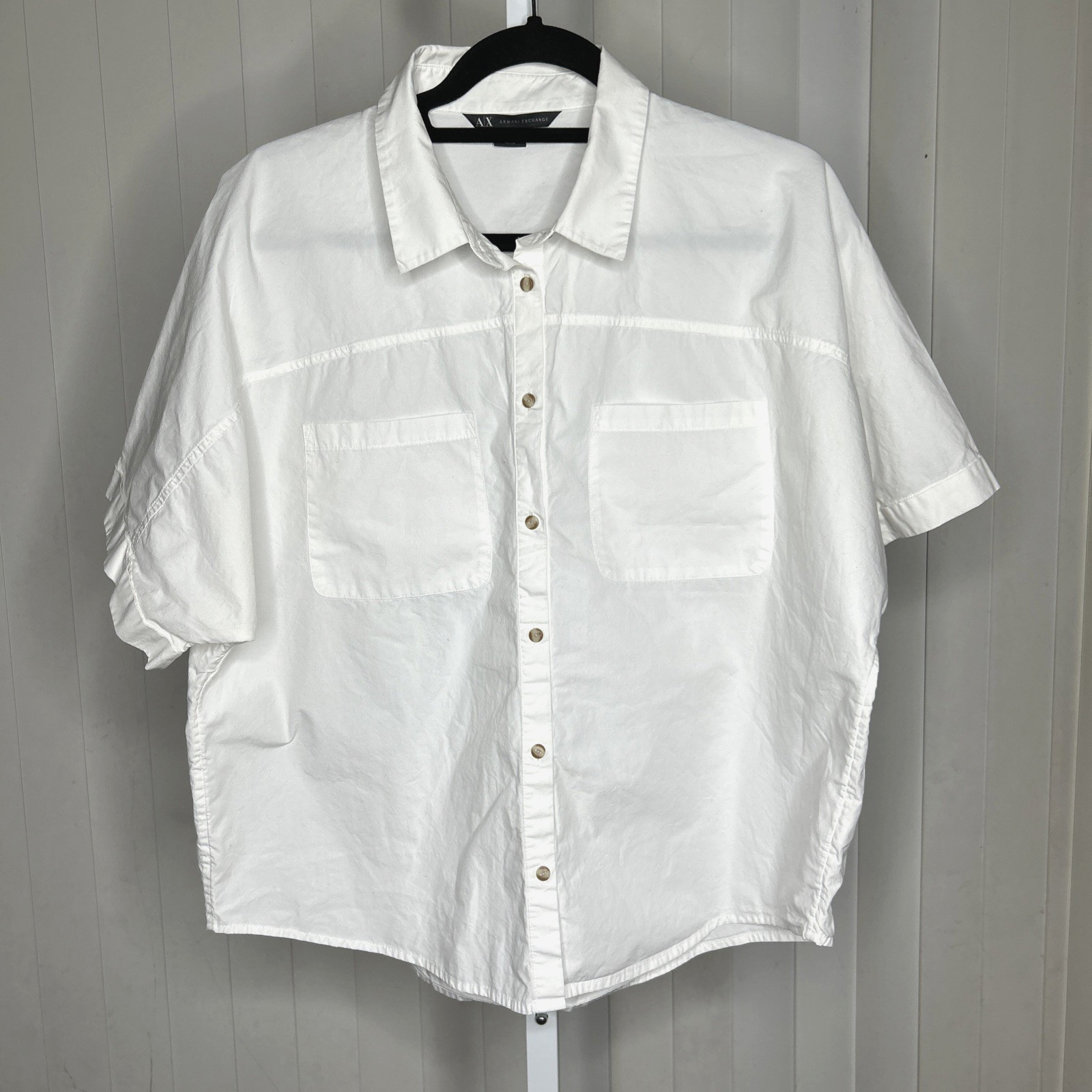 AX Armani Exchange Women White Button Up Shirt Cotton Short Sleeves Size XL
