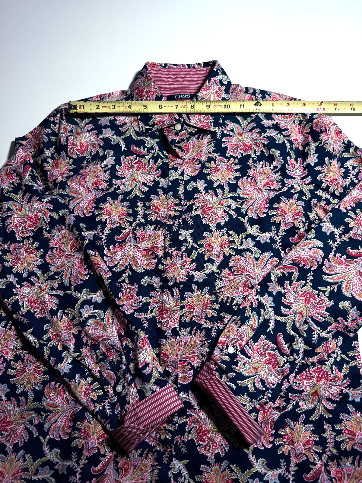 Chaps Women’s Blouse No Iron Retro Artsy Paisley Flip Cuff 100% Cotton Size L