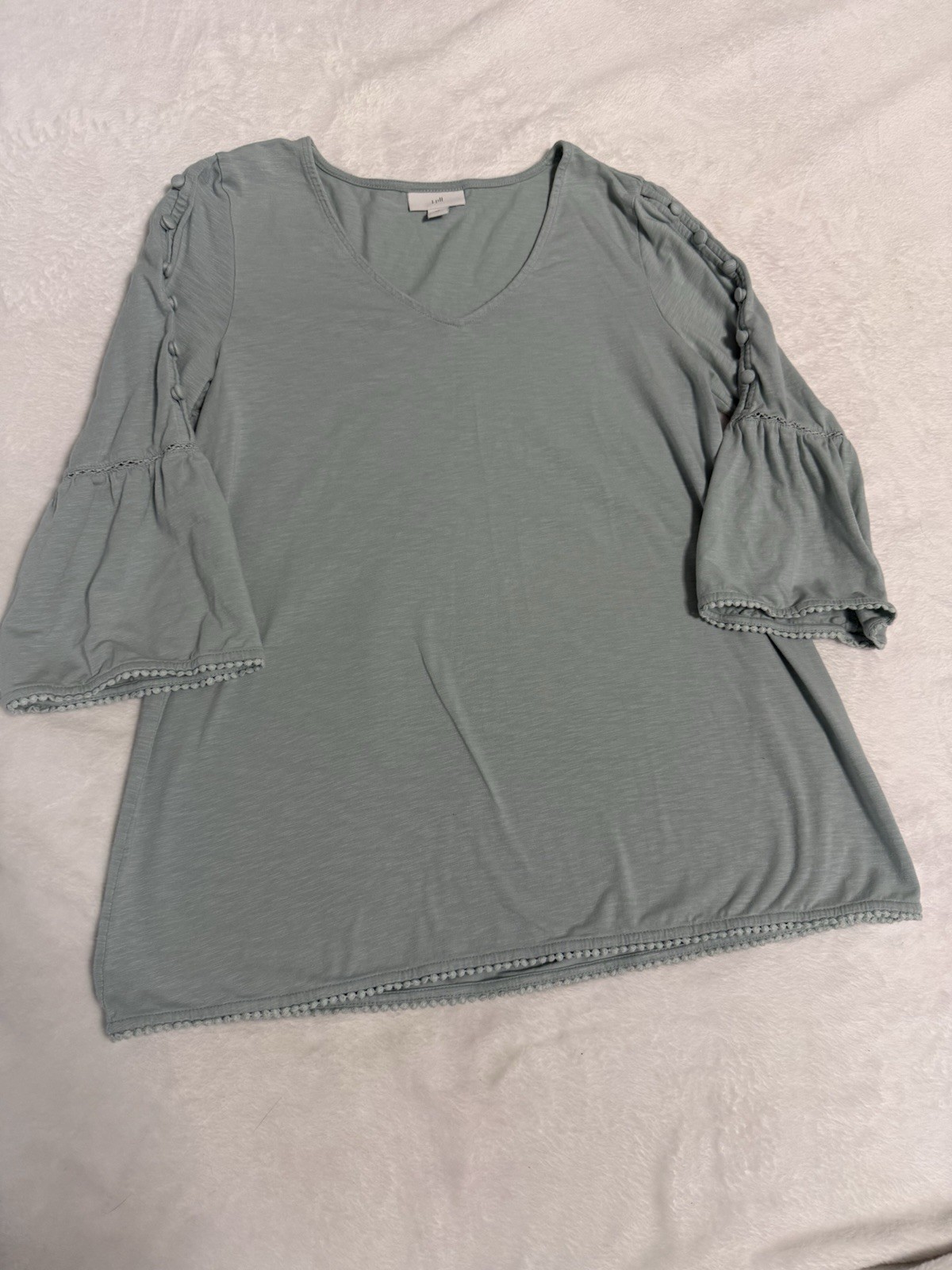 J. Jill Womens XS Green Solid Knit V-Neck 3/4 Bell Sleeve Button Top
