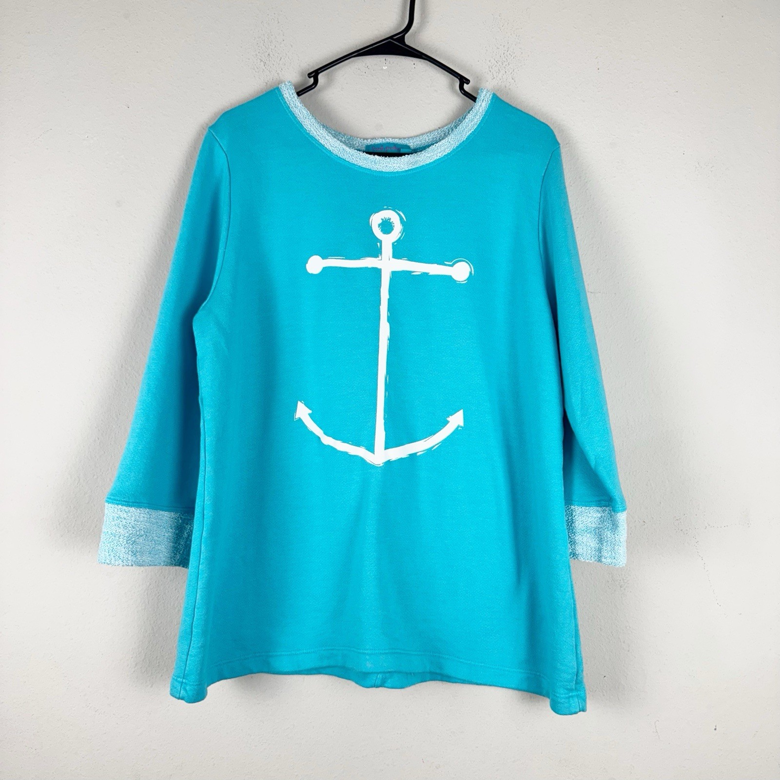 Fresh Produce Women’s Nautical Anchor 3/4 Sleeve Top Size M Cyan