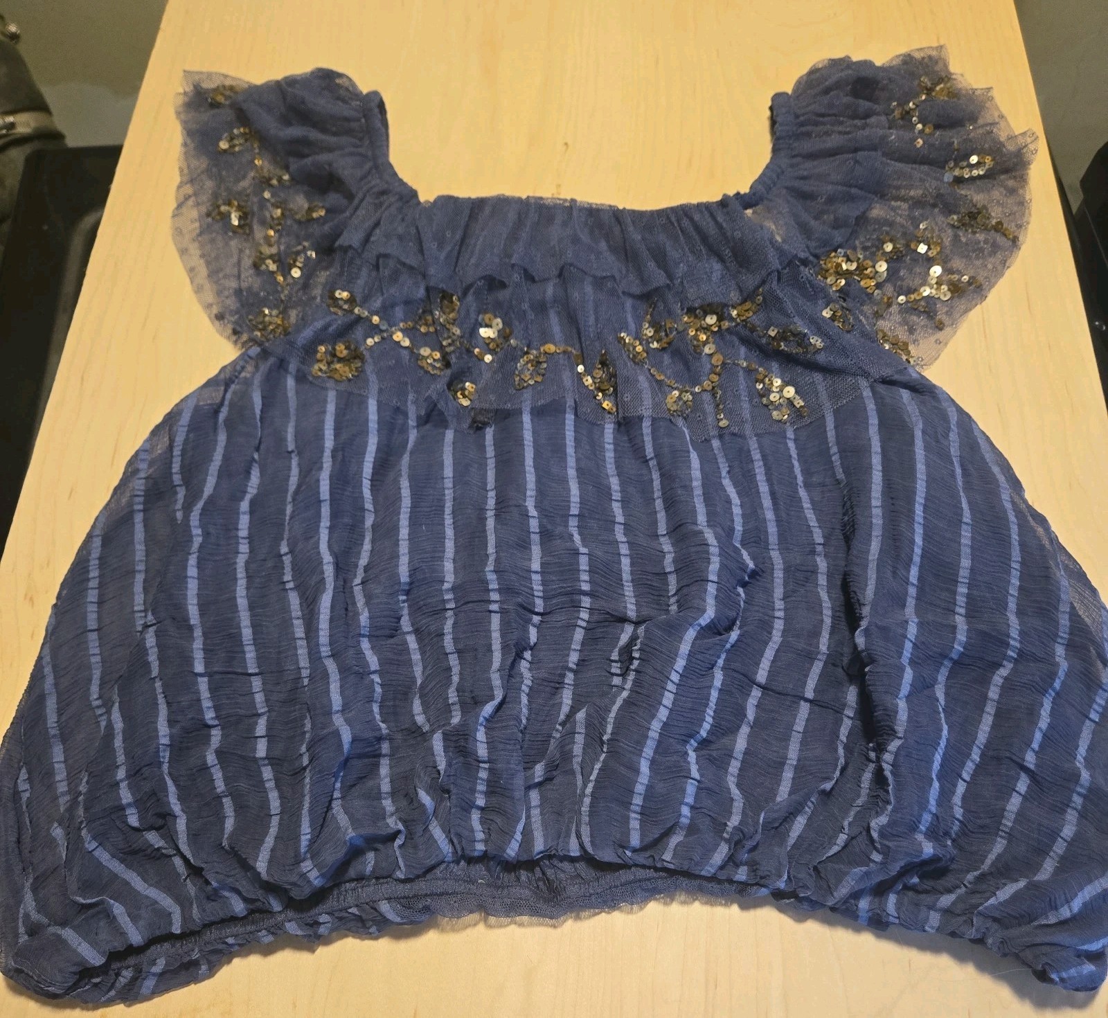 Msrp $168 Nwt Free People Wild Moon elisas Sequin Boho Blouse Sz M Blue Ruffle