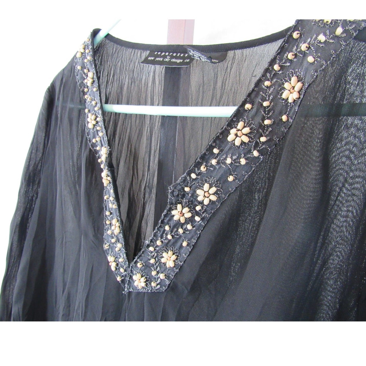 Separates By NYC Design Co. XL Black Crinkle Long Sleeve Blouse Beaded Sheer