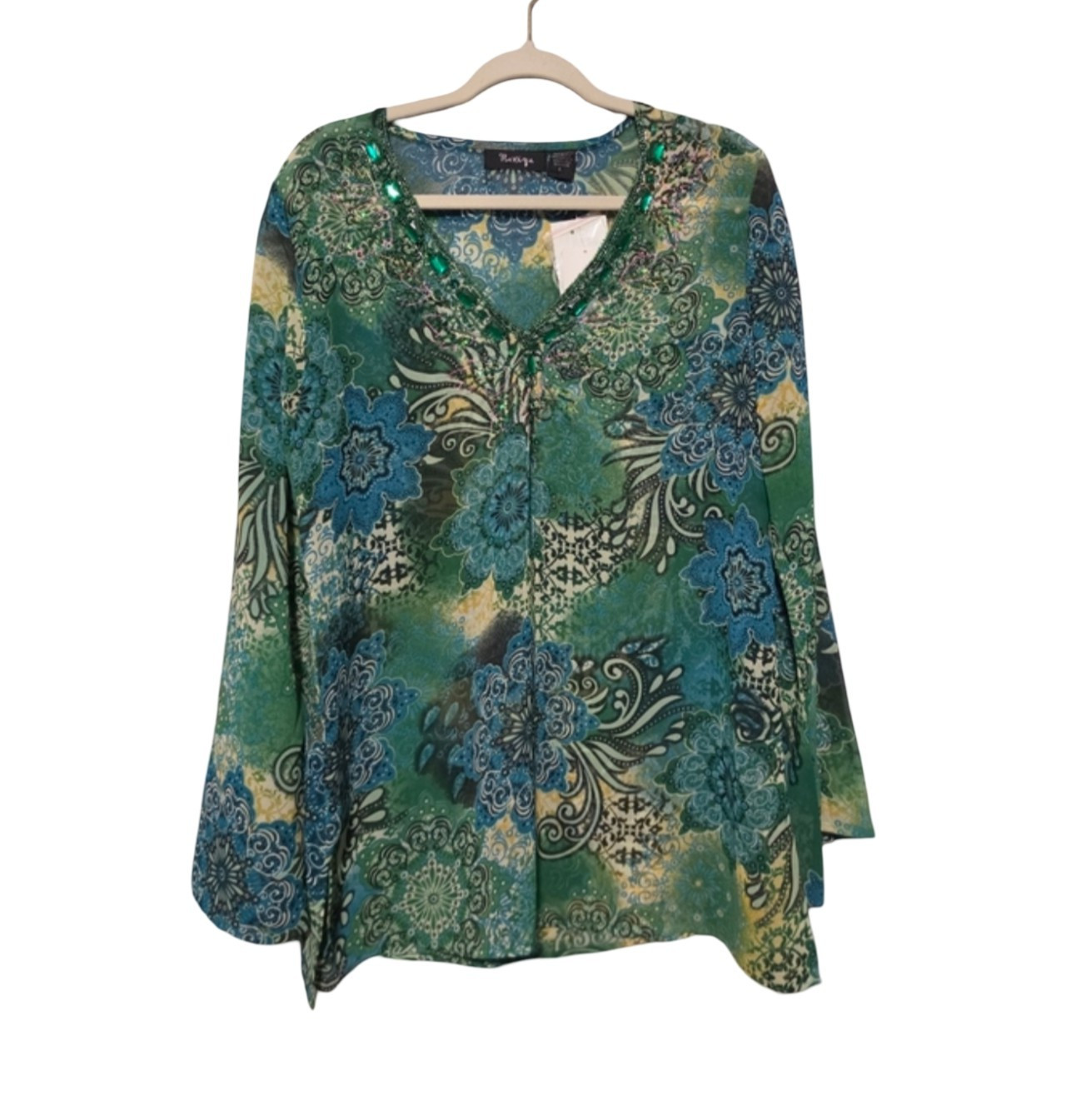 RAVIYA Tunic Womens Large Green Blue Embellished Jeweled Boho NWT Beach Resort