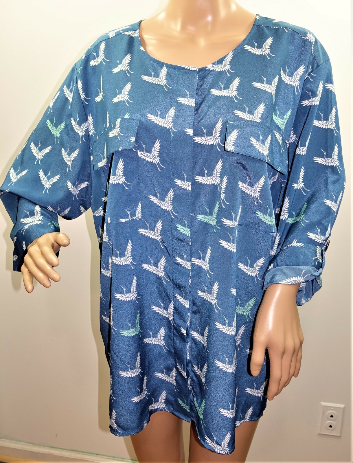 Laura Scott Women Plus Size 1x 3x Silky Teal Bird Tunic Top Blouse Shirt Hi Lo