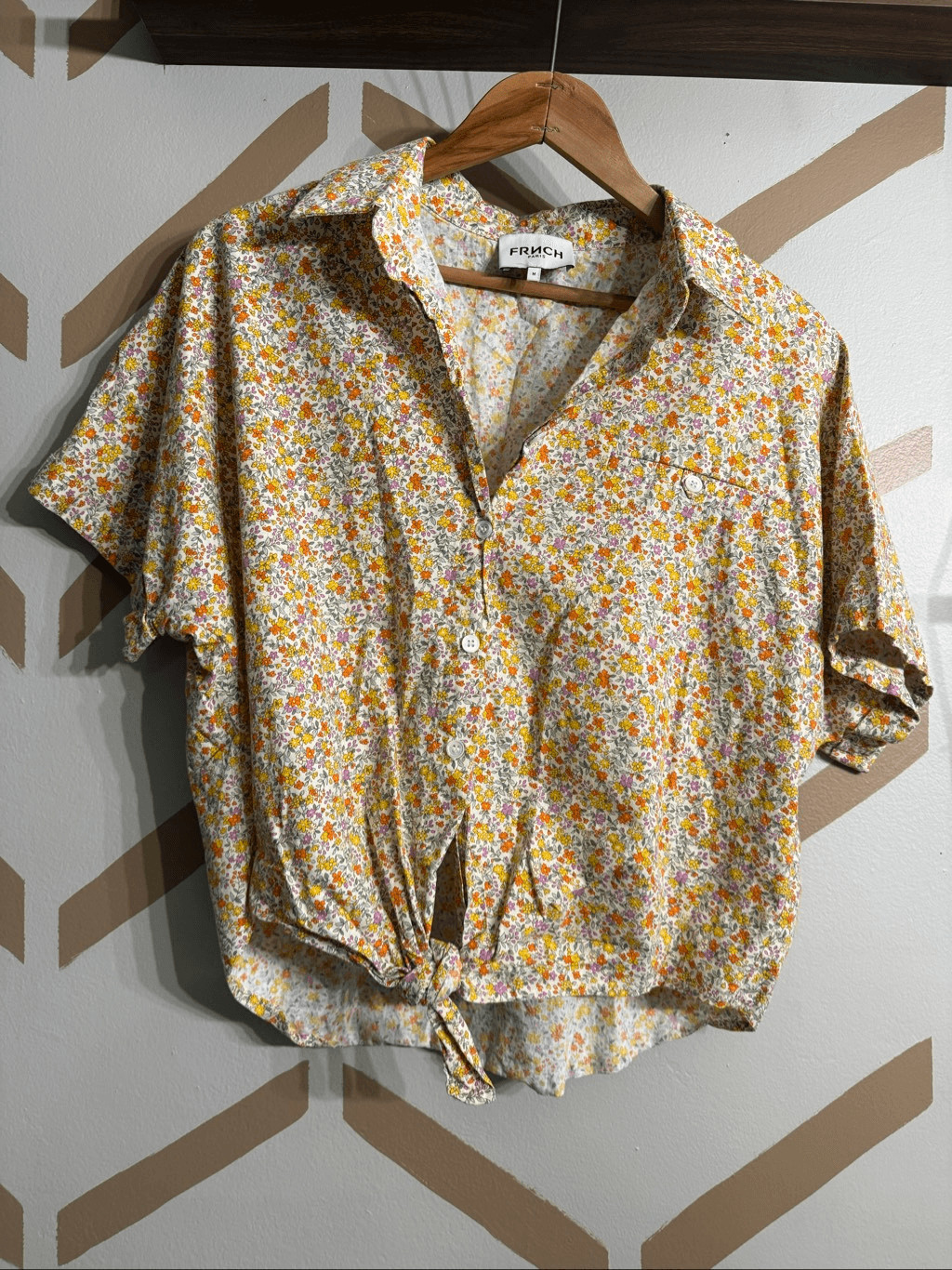 FRNCH Paris Multicolor Floral Tie-Front Button Down Collared Blouse Size Medium