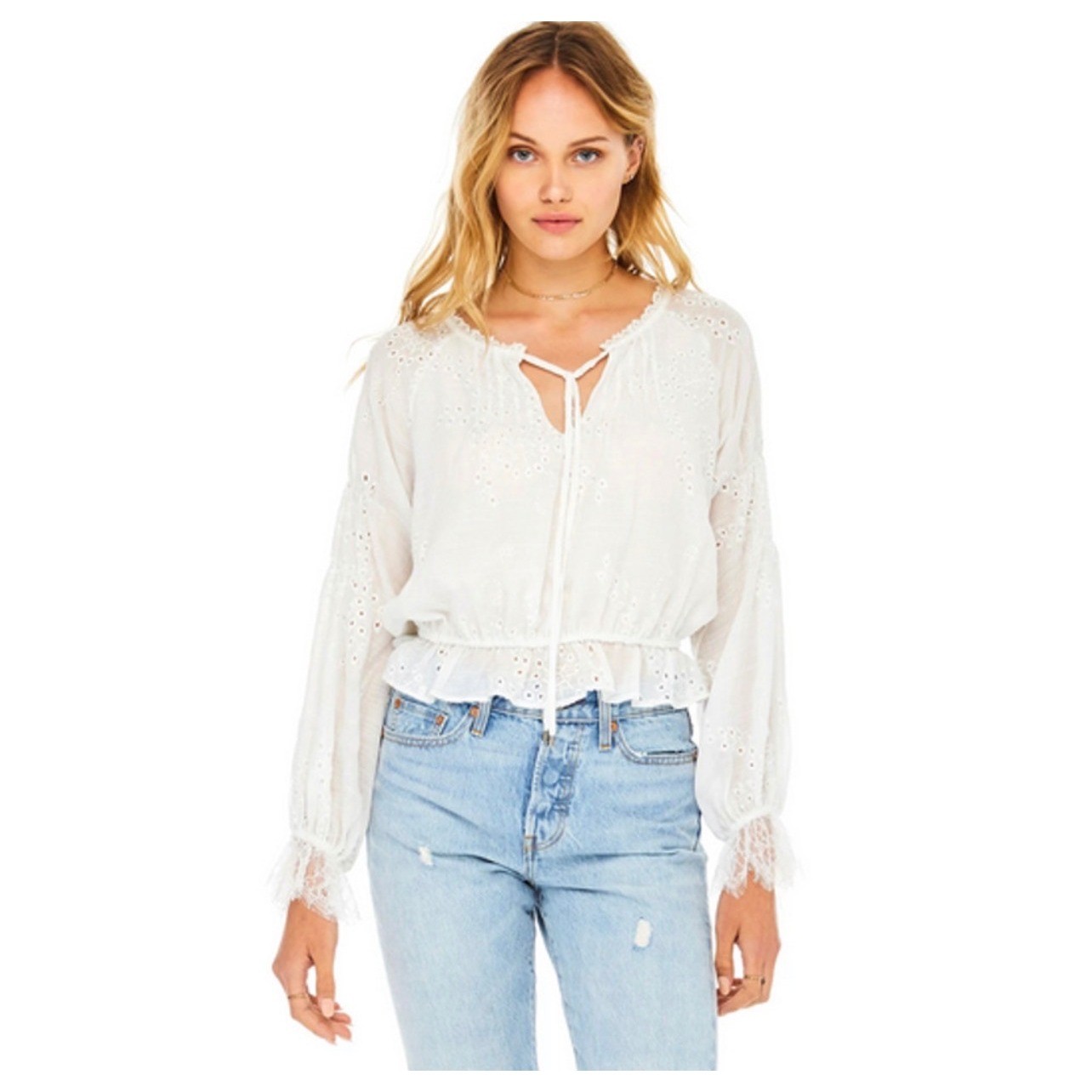 ASTR The Label Dainty Eyelet Embroidered Smocked Peplum Blouse Lace Cuff Medium